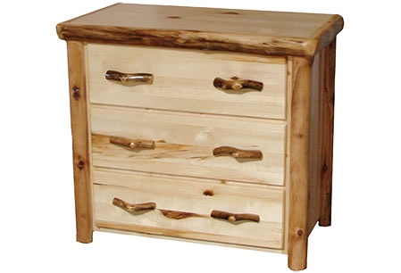 Rustic Log 3 Drawer Chest in Flat Front (39W) in Natural Panel & Natural Log 3DCF-39-NN