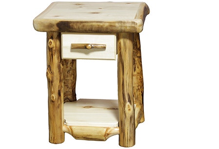 Rustic Log End Table with Drawer in Flat Front (21W) in Natural Panel & Natural Log ETDF-21-NN