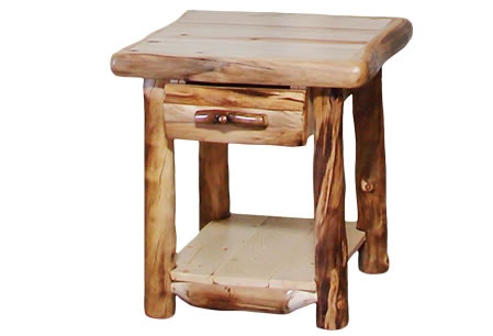 Rustic Log End Table with Drawer in Log Front (24W) in Natural Panel & Natural Log ETDL-24-NN