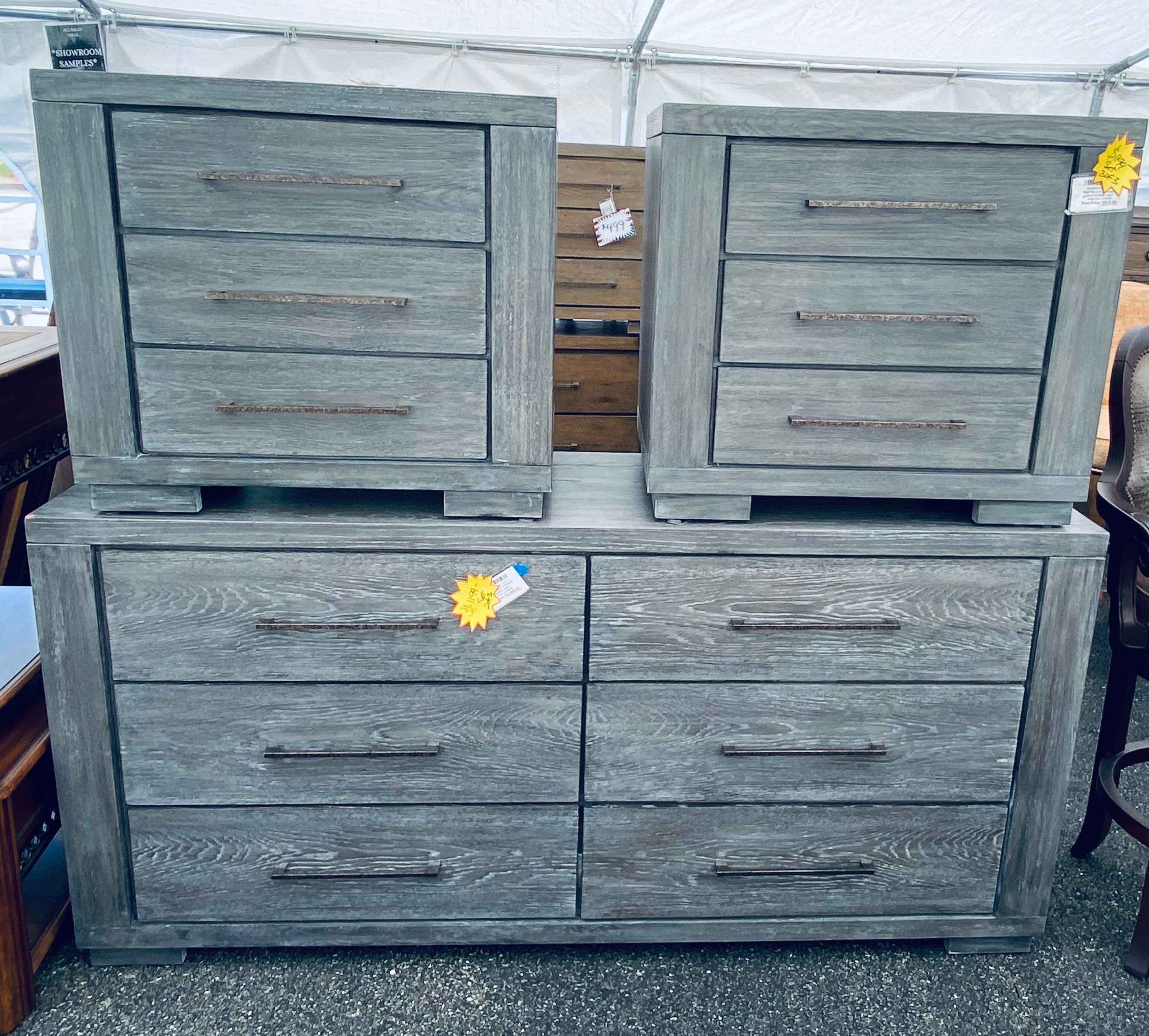 TENT SALE Woodbrook - Driftwood 6 Drawer Dresser in Grey (and two matching End Tables) SPRWB1000