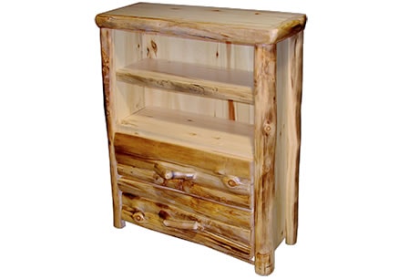 Rustic Log Short 2 Drawer Bookcase in Log Front (39W) in Natural Panel & Natural Log S2DL-39-NN