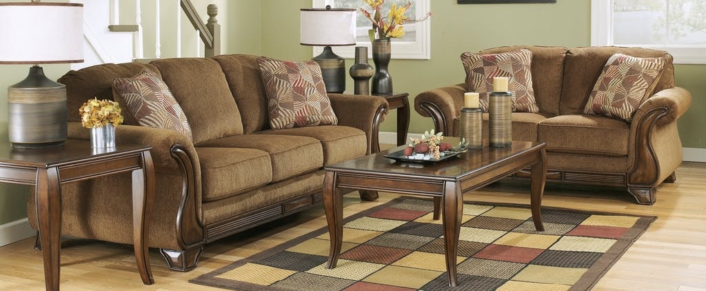 Living Room Set Sofa Loveseat Chair Cocktail Table Two End Tables And Patchwork Rug