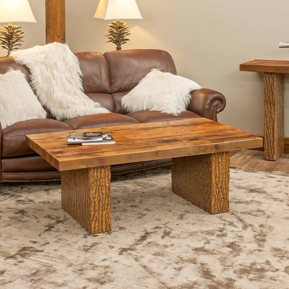  Bark Coffee Table with Barnwood Waterfall Top 