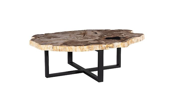  Petrified Wood Coffee Table, Black Metal Base 