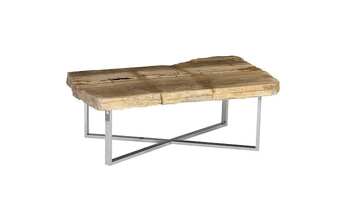 Petrified Wood Coffee Table, Stainless Steel Base 