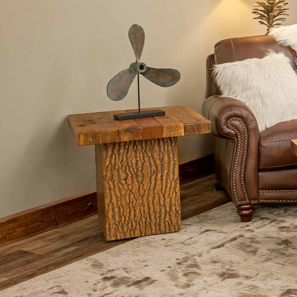  Bark End Table with Barn Wood Waterfall Top 