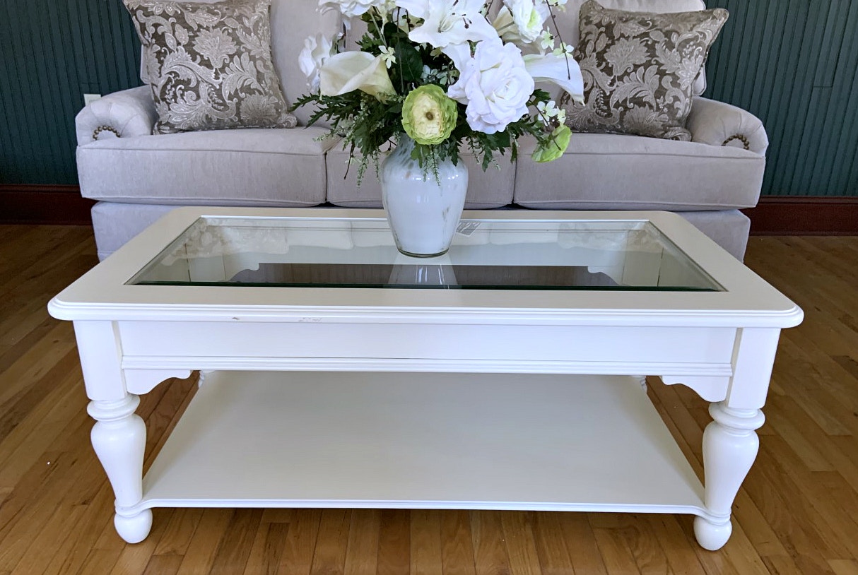 Clearance CLEARANCE Riverside White Coffee Table with Glass Top (discontinued)