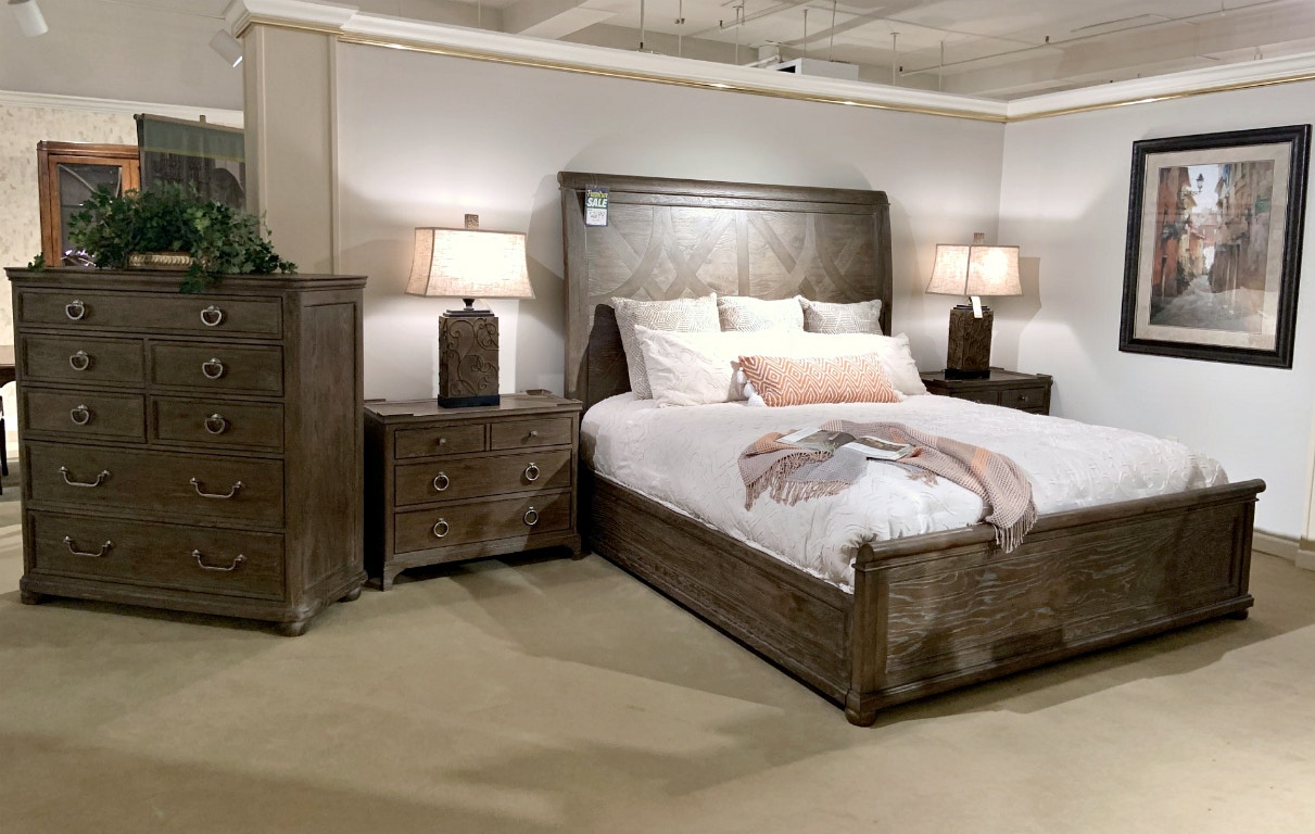Bernhardt Rustic Patina King Bedroom Set in Peppercorn