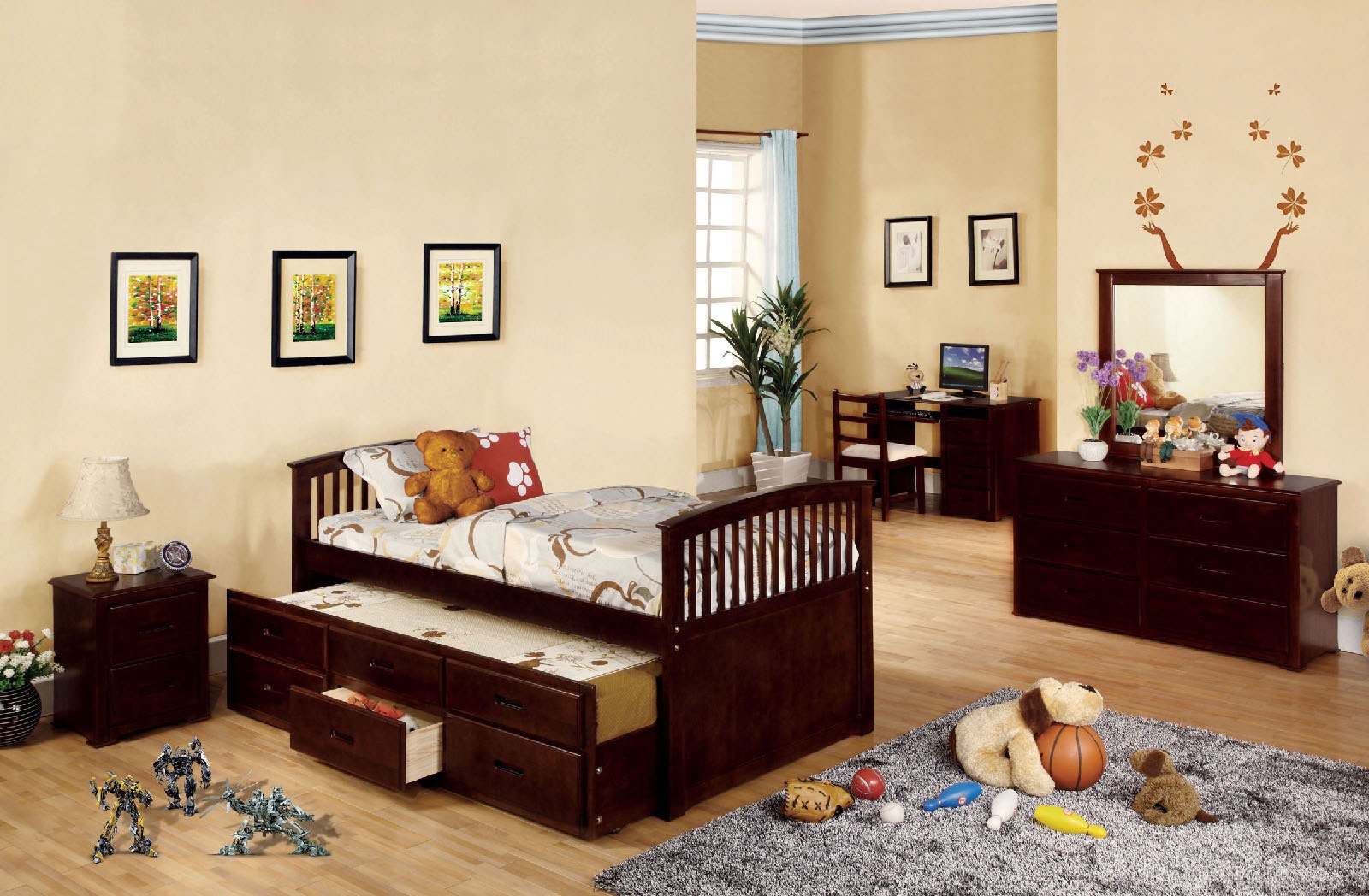 Furniture of America Bedroom Twin Bed w/ Trundle + 3 Drawers 