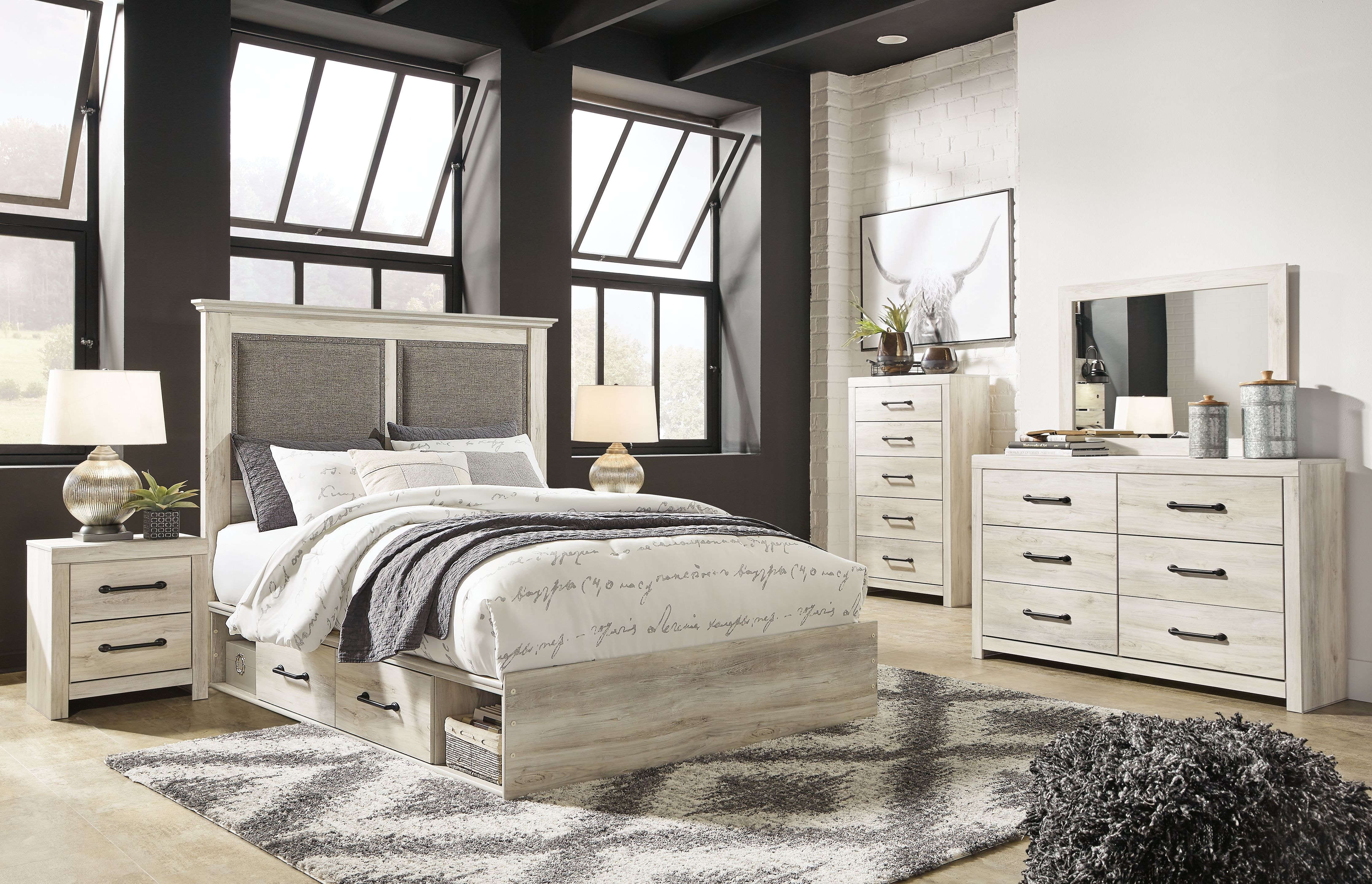 Ashley 8 Piece Queen Upholstered Storage Panel Bed Set B192-31-36-46-157-54-60-2-B100-13