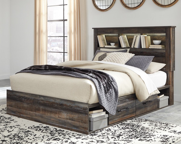 Queen bed with drawers deals and bookcase headboard