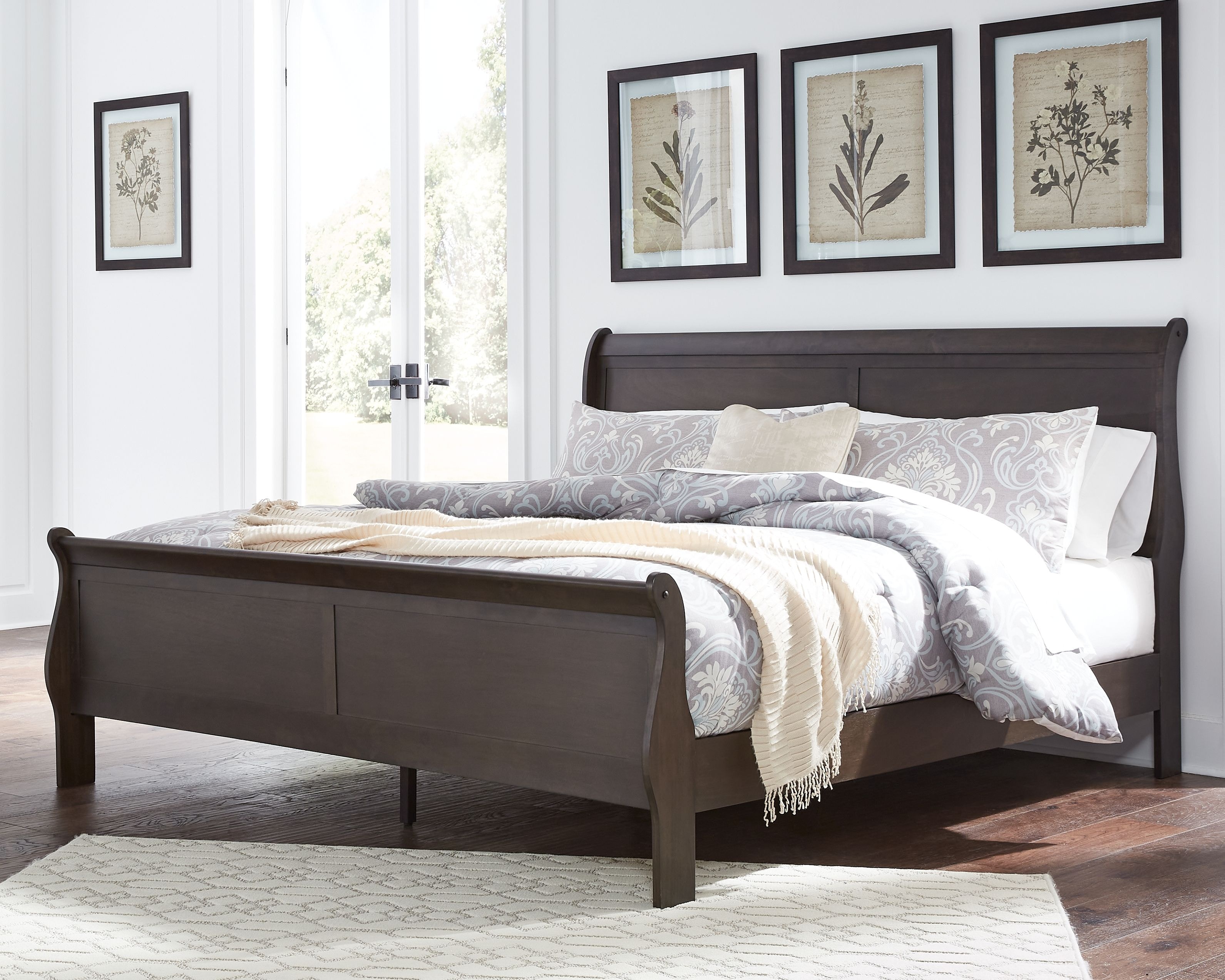 Dark wood sleigh store bed king