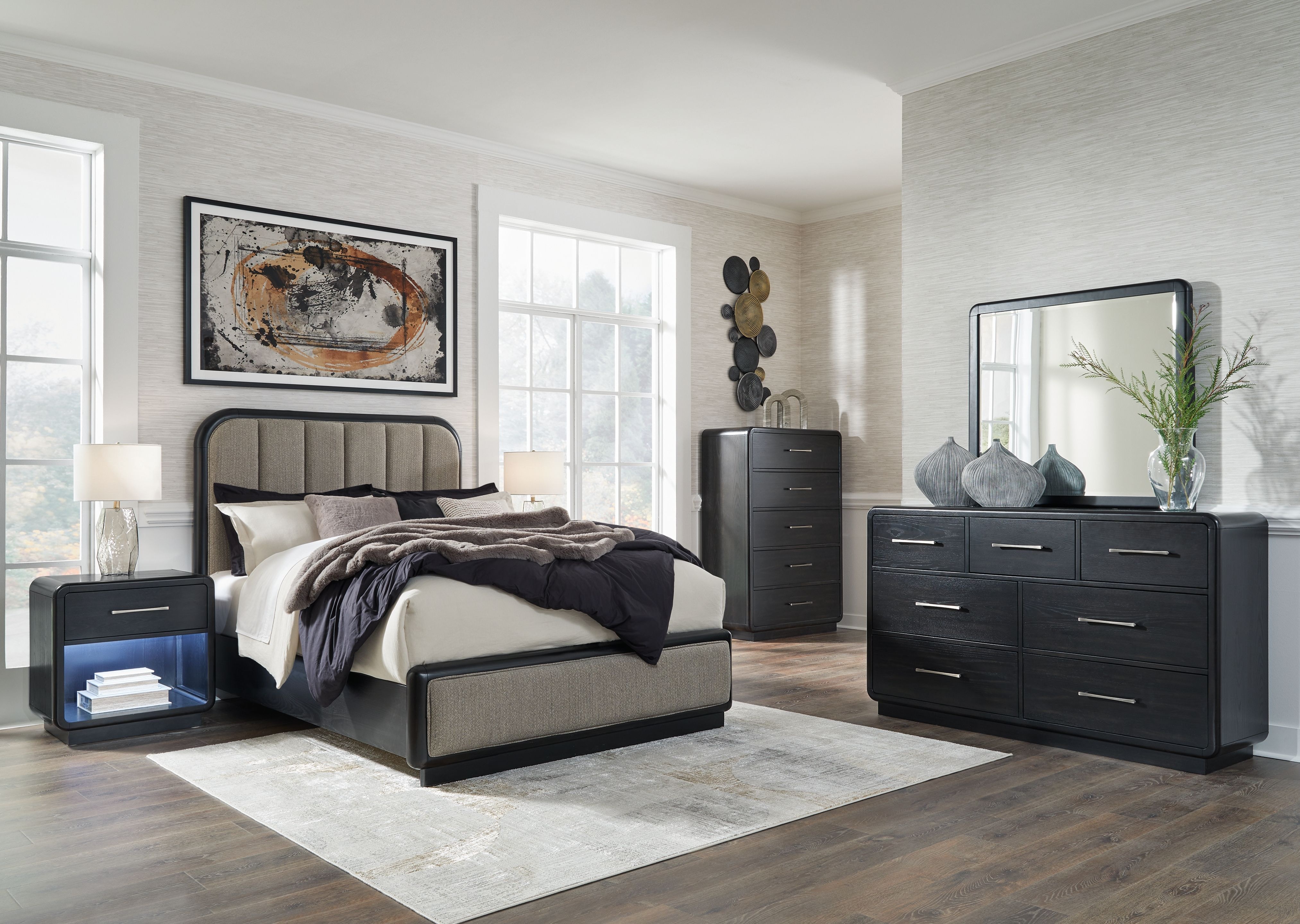Ashley 5 Piece Queen Upholstered Panel Bed Set B821-31-36-46-57-54