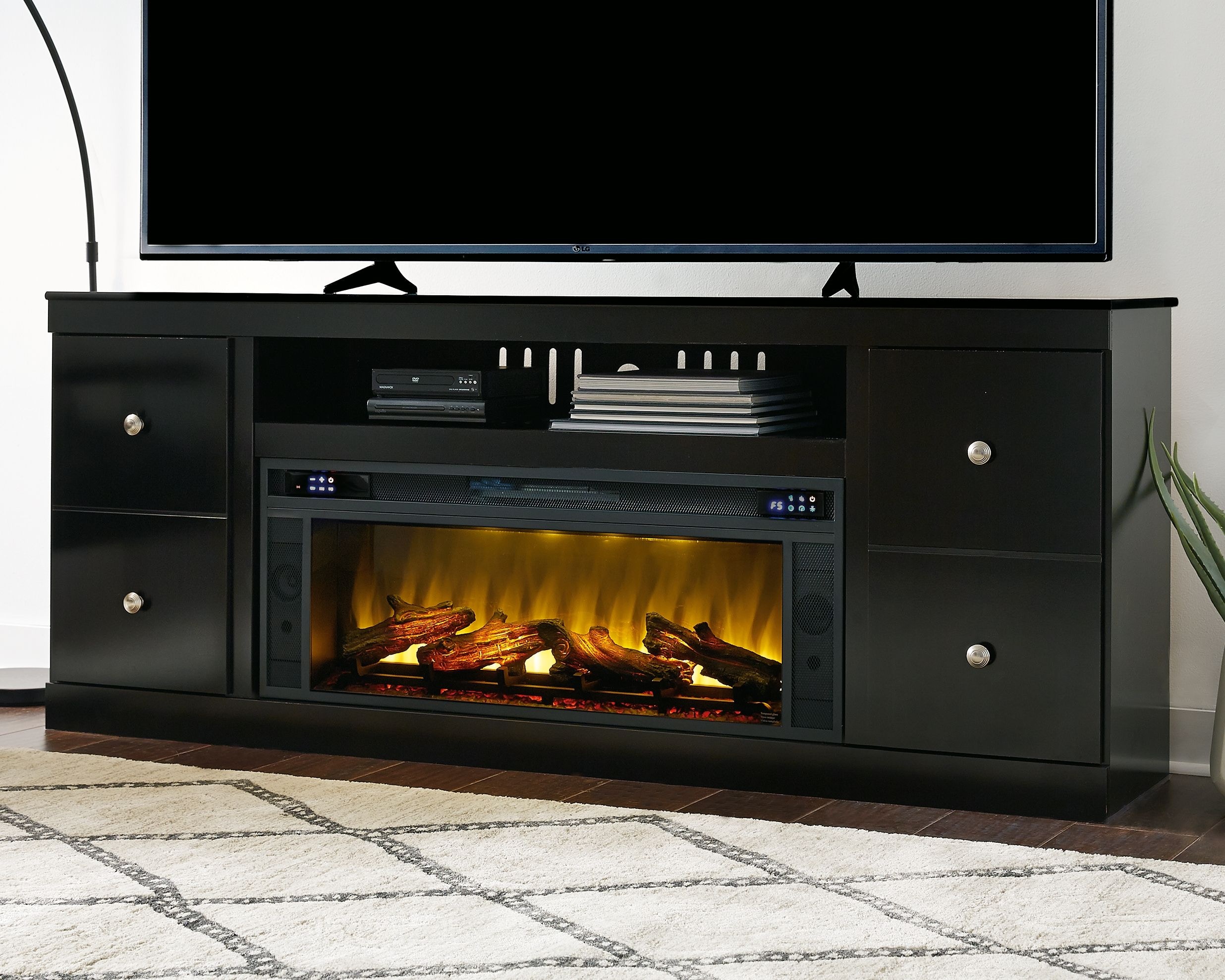 Electric fireplace tv stand online with bluetooth speakers