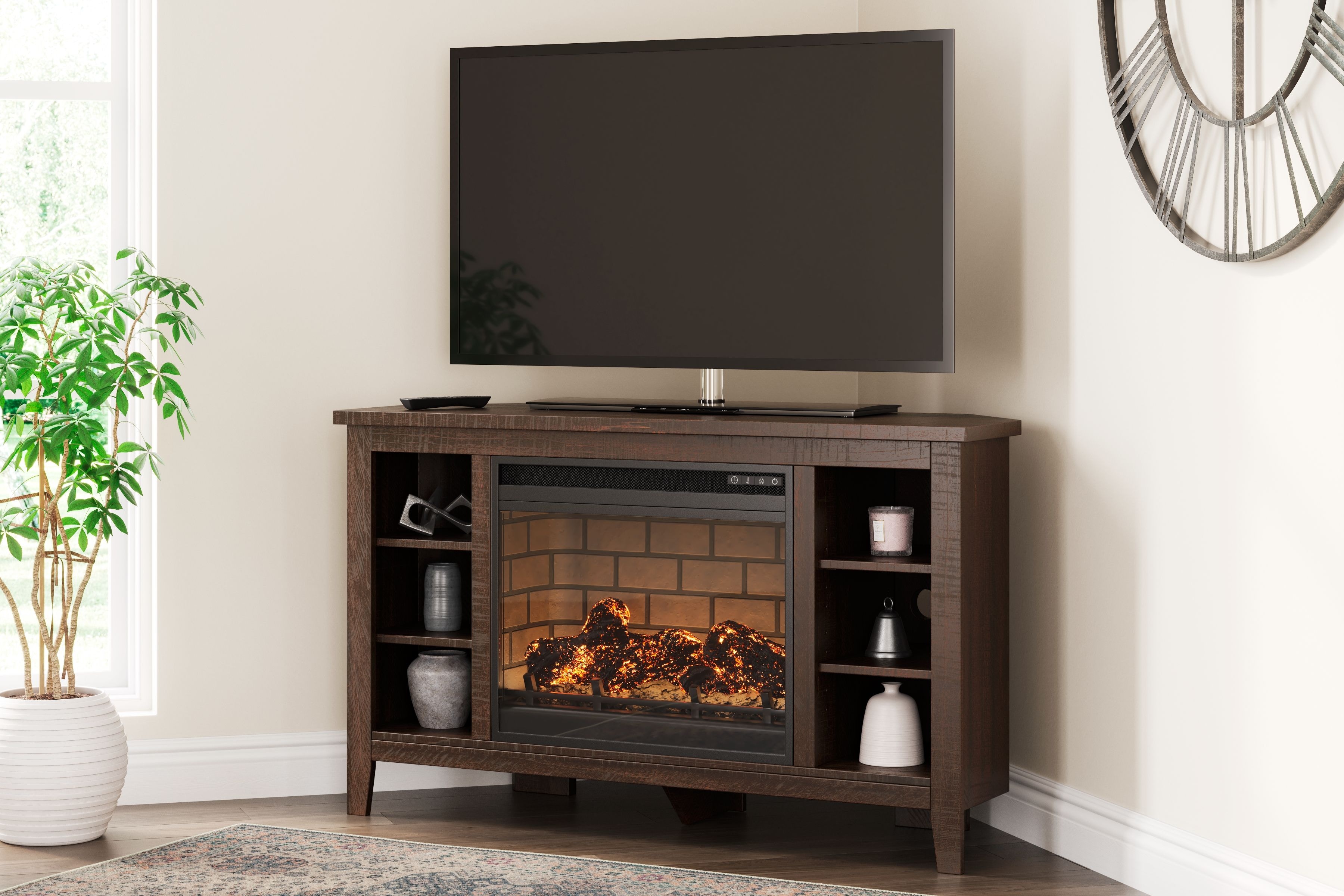 Ashley Camiburg Corner TV Stand With Faux Firebrick Fireplace Insert
