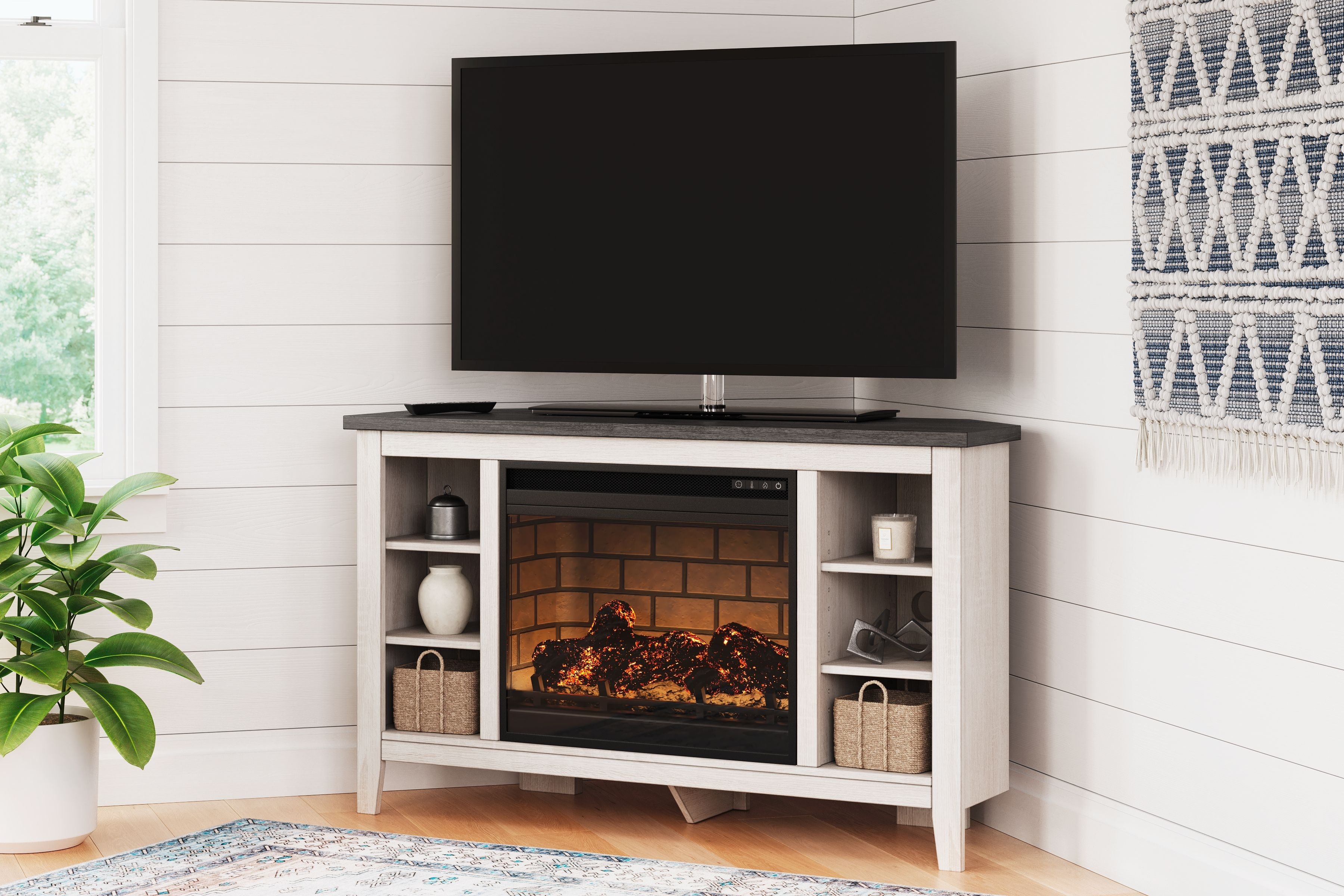 White tv stand with store fireplace ashley furniture