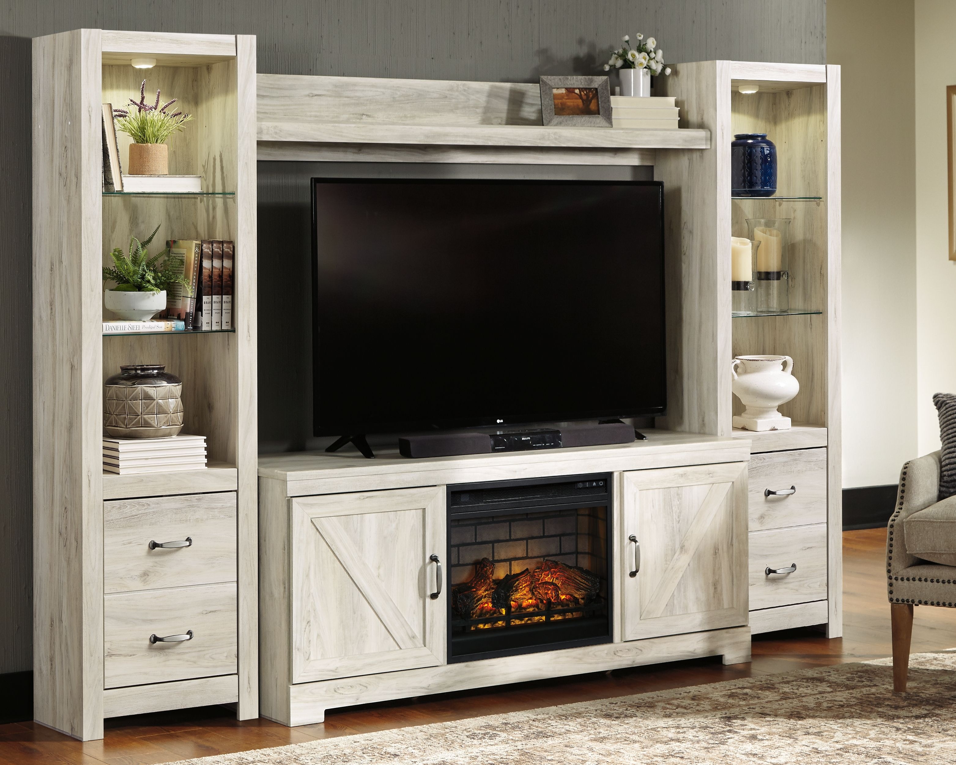 Ashley Bellaby TV Stand With Faux Firebrick Fireplace Insert W3316824