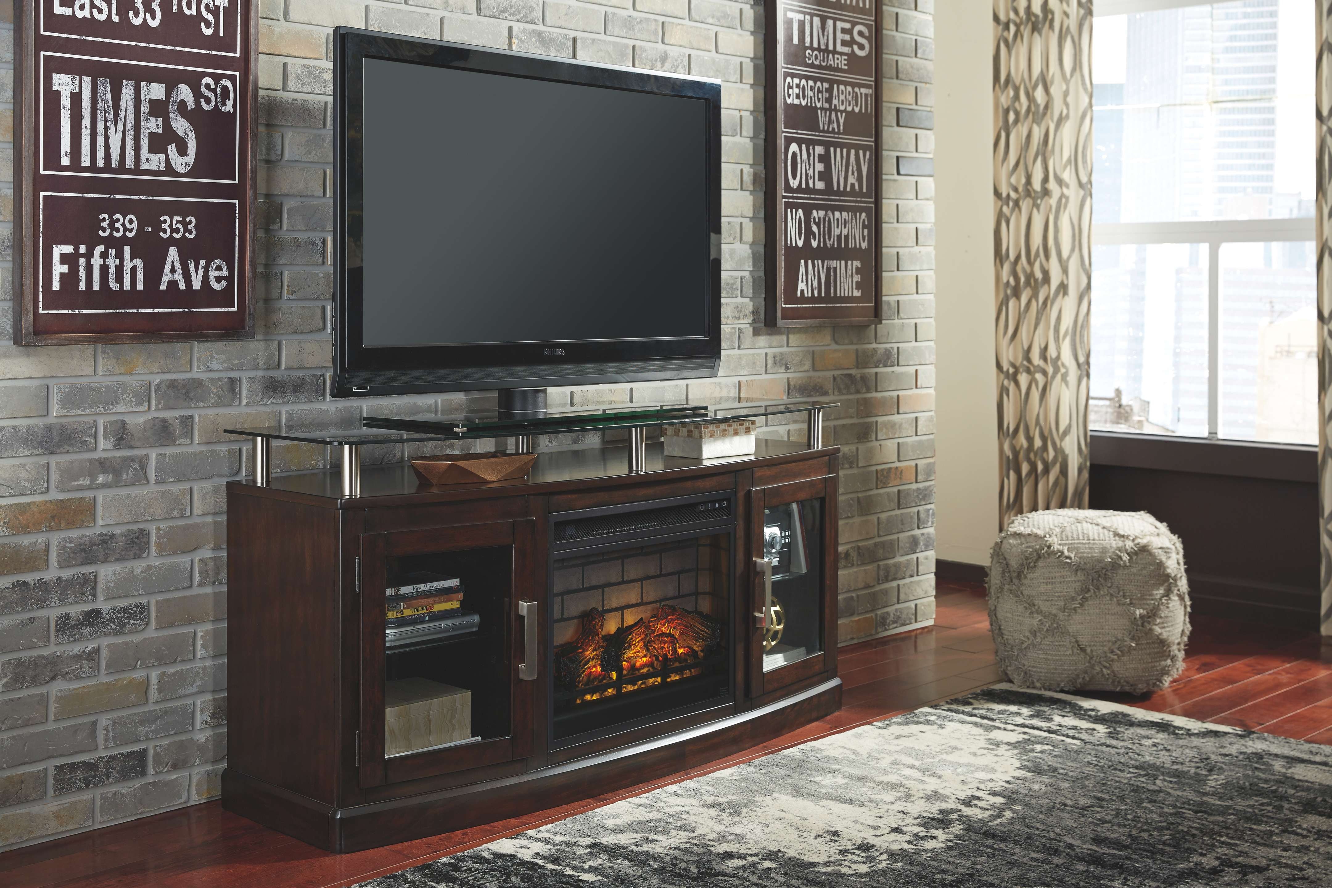 Ashley Chanceen 60'' TV Stand with Fireplace Insert Glass/Stone