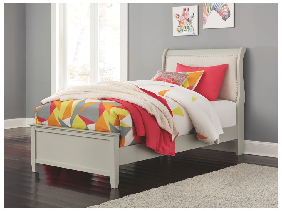 Twin upholstered store sleigh bed