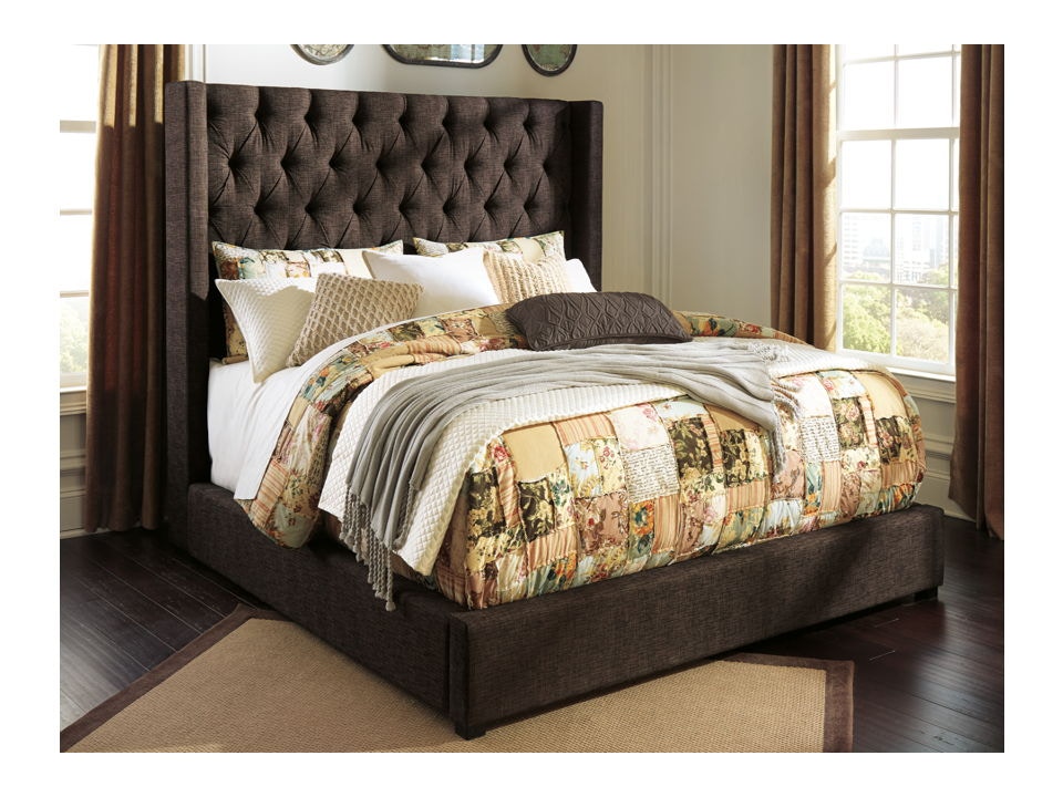 Brown upholstered shop king bed