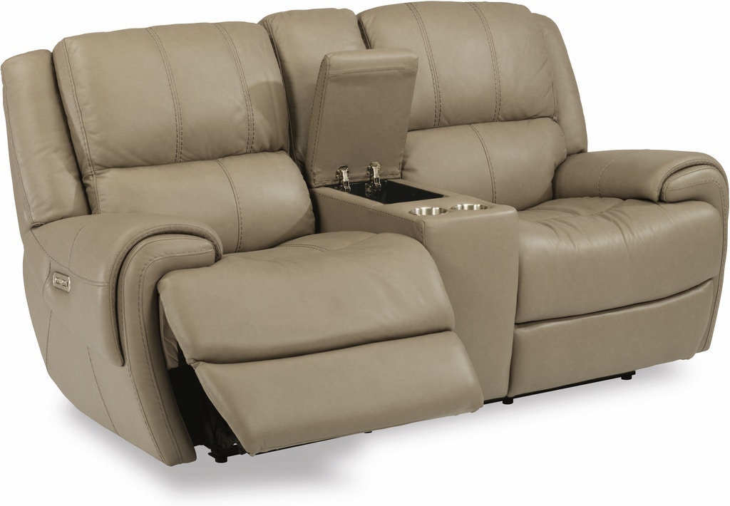 Flexsteel Nance Leather Power Reclining Loveseat With Console And
