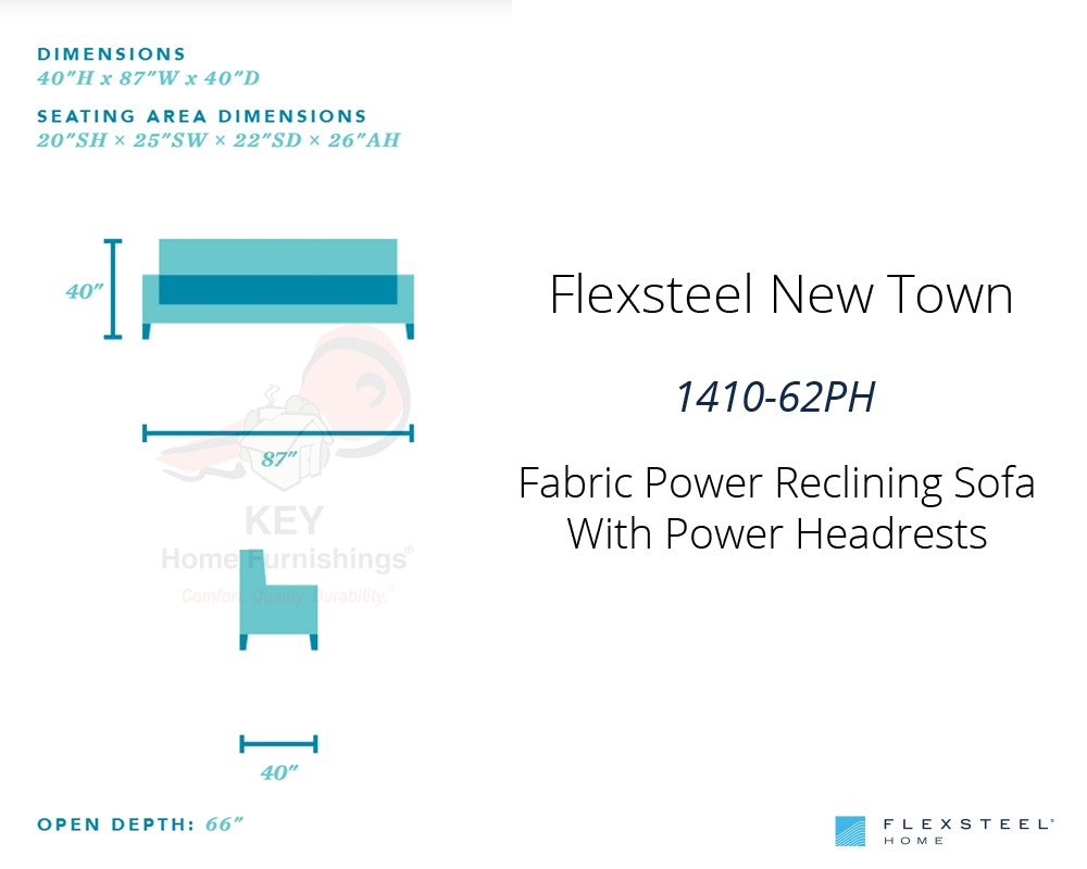 Flexsteel New Town Fabric Power Reclining Sofa With Power Headrests   Flexsteel 1410 62ph New Town Fabric Power Reclining Sofa With Power Headrests Width Height Depth Length Dimensions 