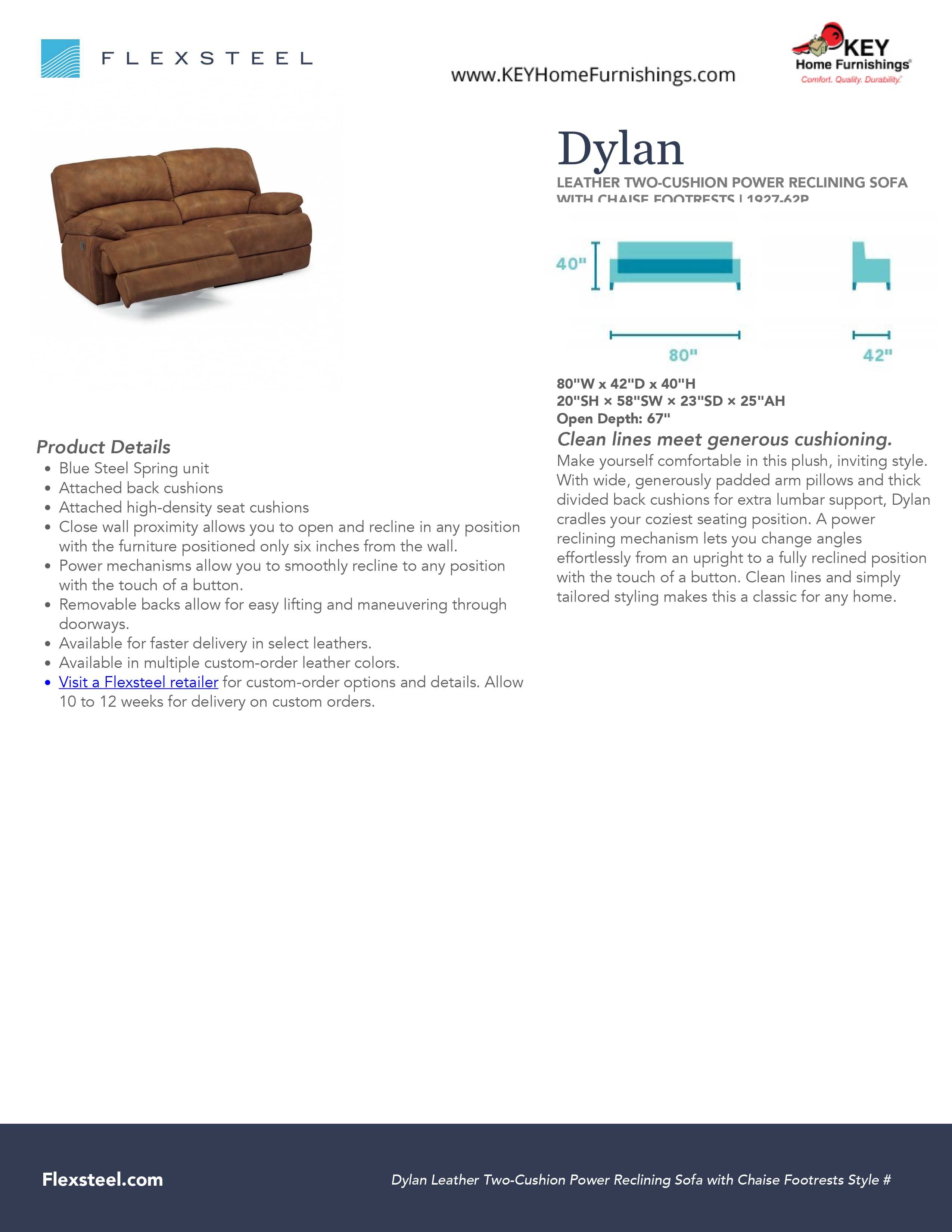 Flexsteel Dylan Leather Two Cushion Power Reclining Sofa with Chaise