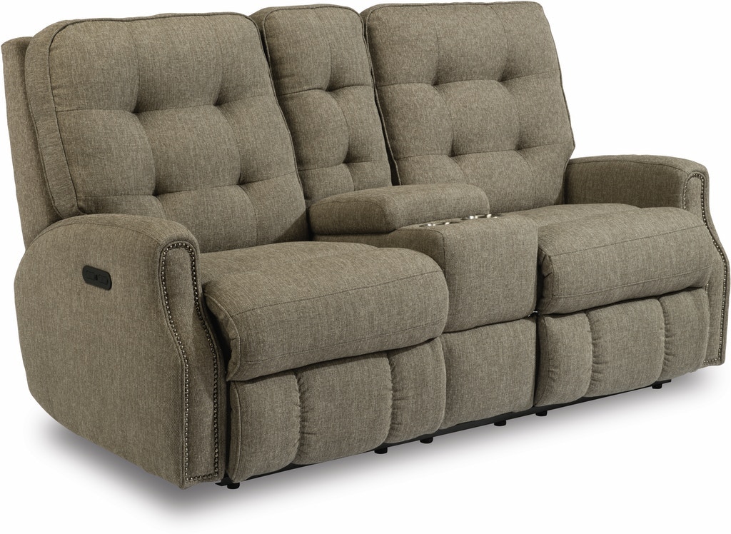 Flexsteel Fabric Power Reclining Loveseat With Console, Power Headrests, And Nailhead Trim 2881-601H