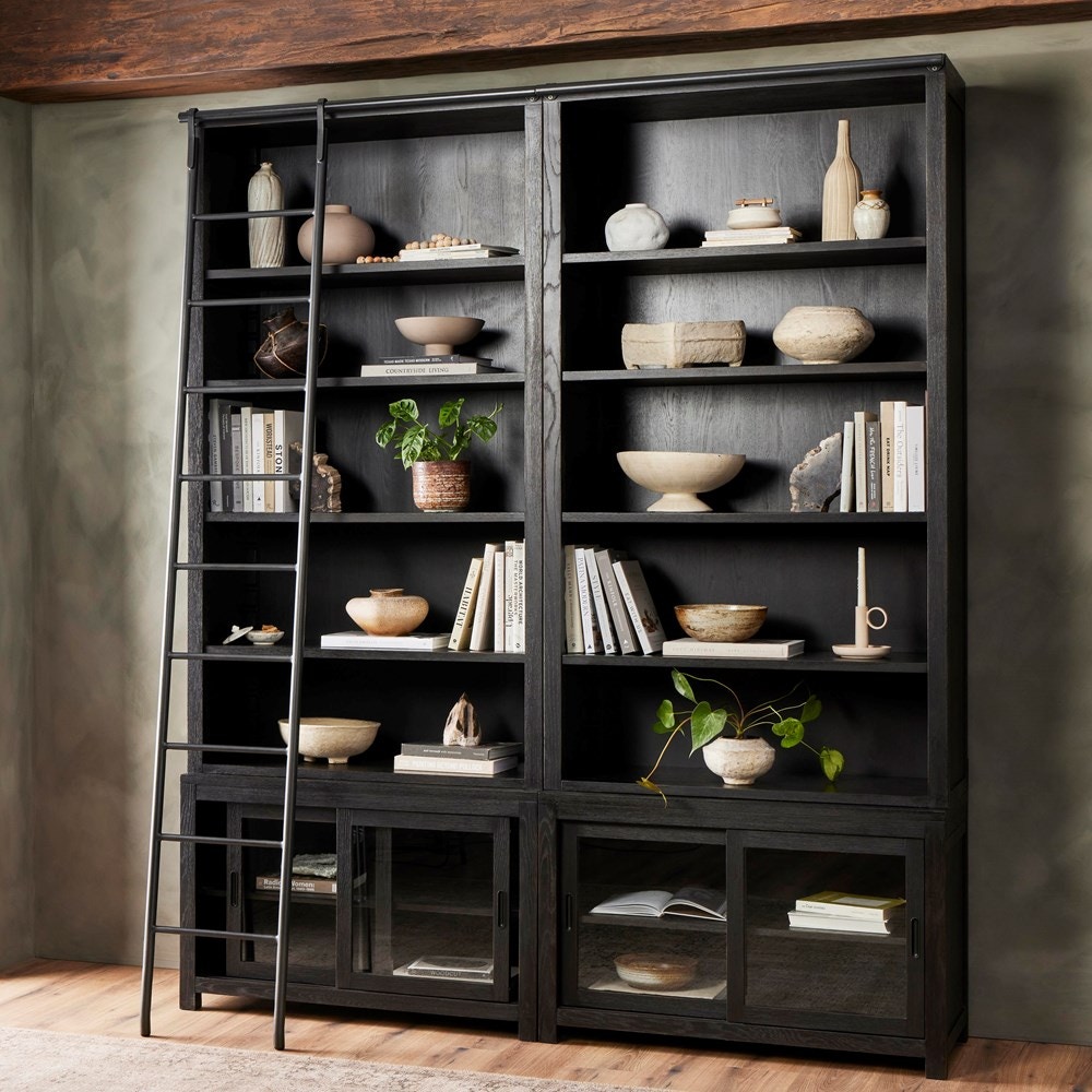 Four Hands Admont Double Bookcase W Ladder Worn Blk 240932-001 