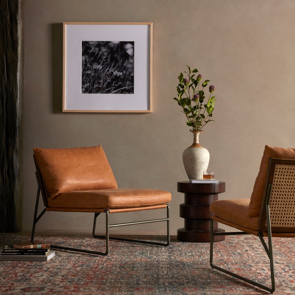 H34　展示品　センチュリー　サァラ麻布　 幾何学模様 アームハイバックチェア Four Hands Elias Chair Palermo Cognac 229359-002 - Portland, OR