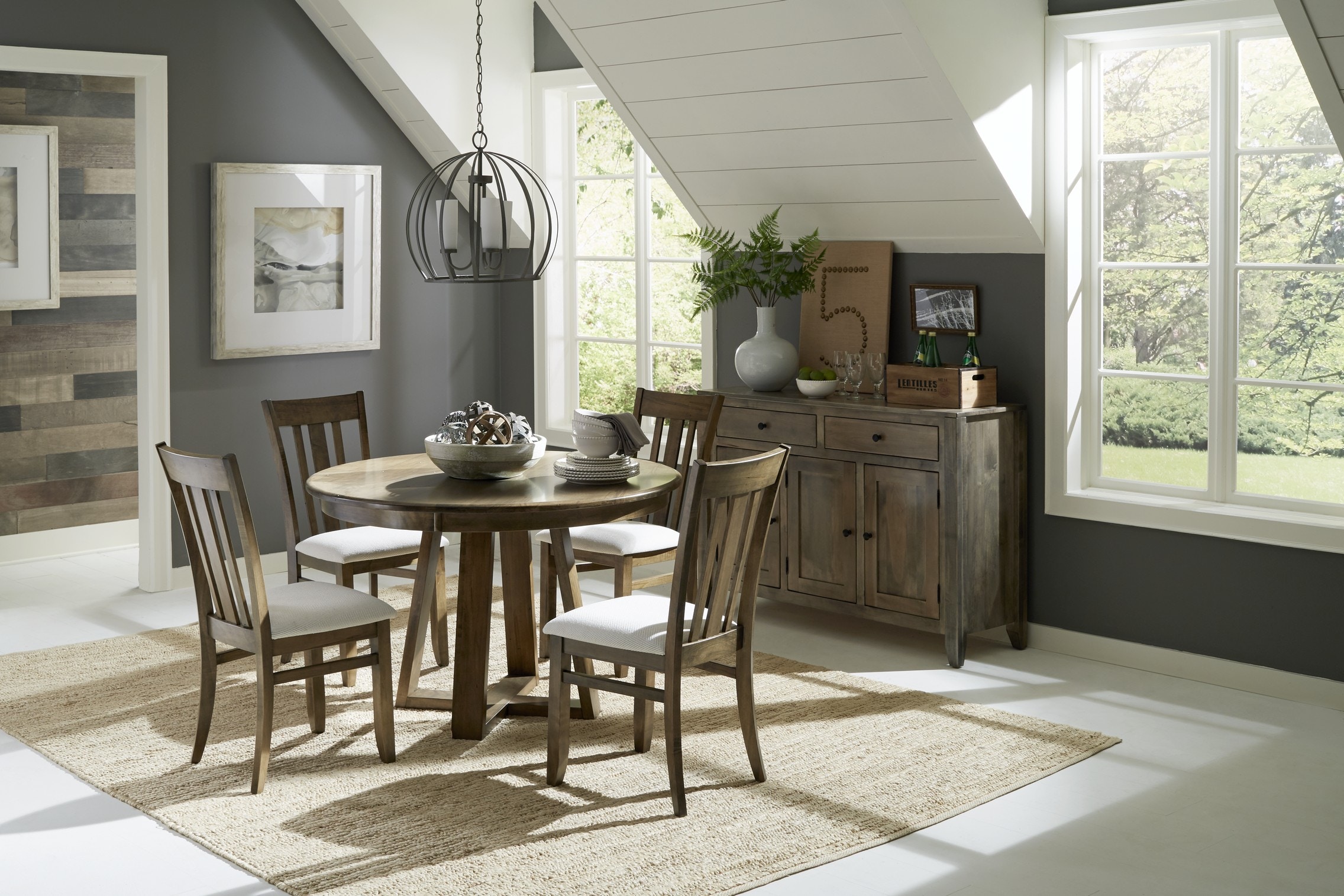 MAVIN Single Cadiz Base with Round Top, Cleveland Side Chair, Metro Buffet. Single Cadiz