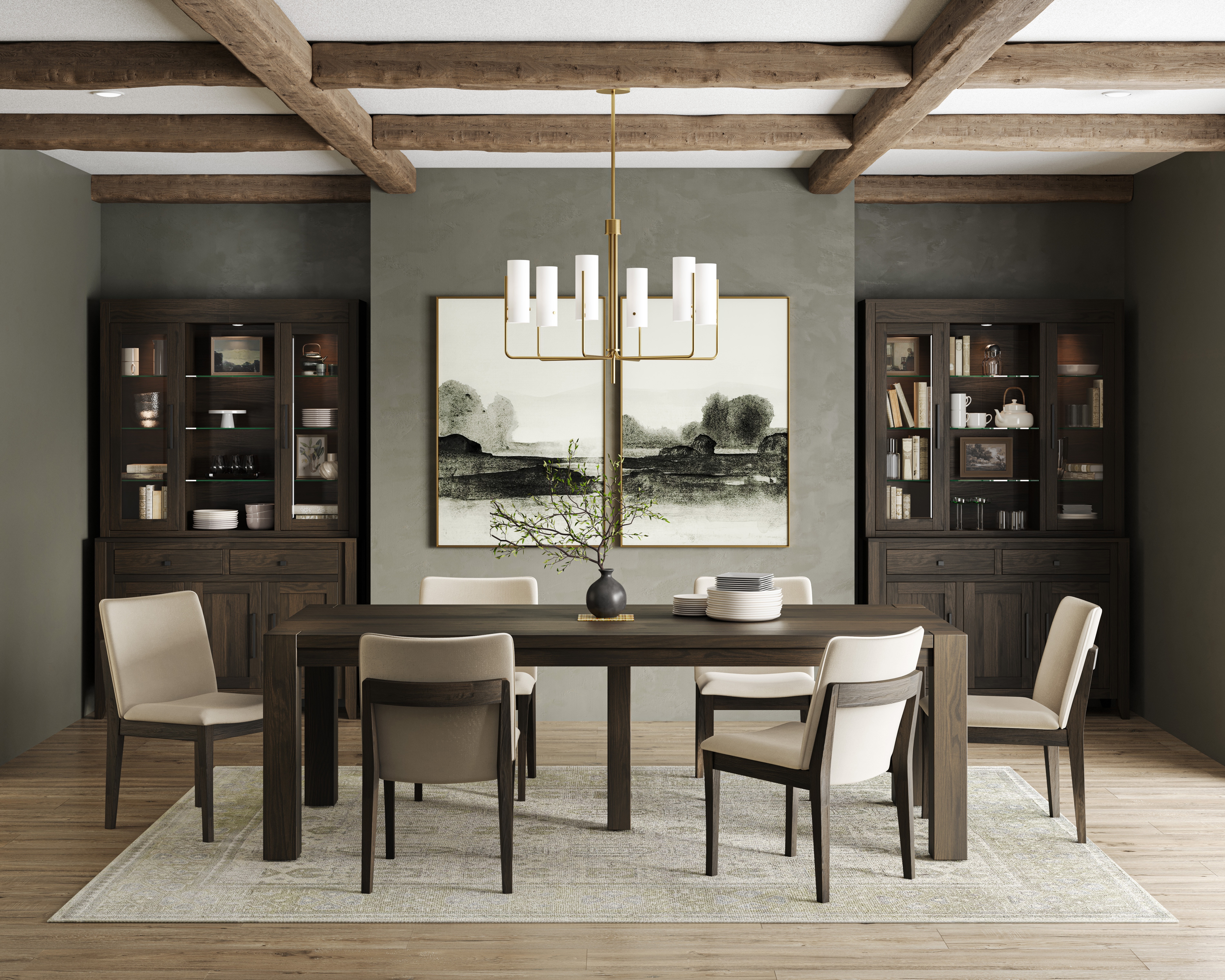 MAVIN Boulder Dining Table, Cassis Dining Chairs, Metro Hutch & Buffet Boulder Table