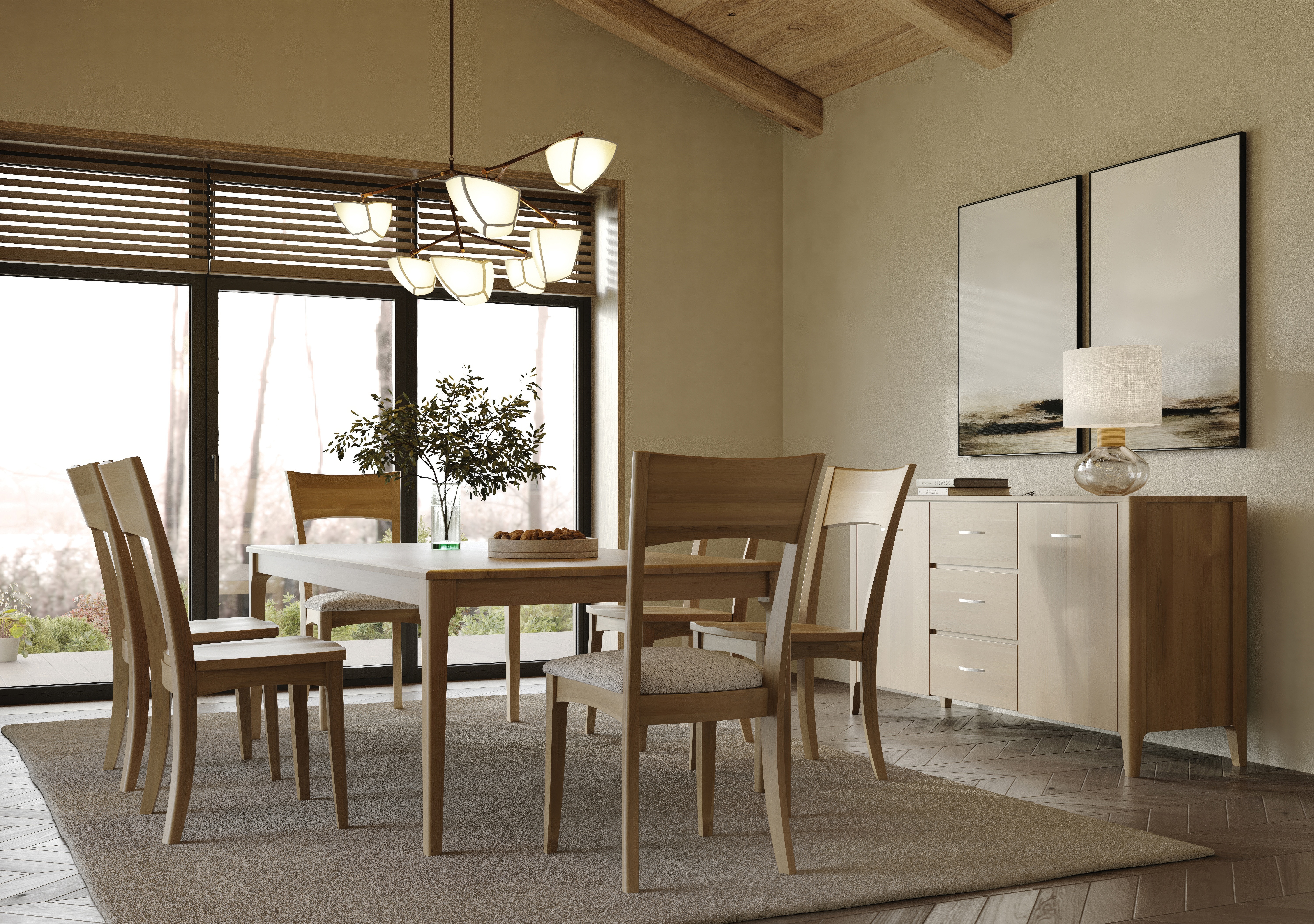 MAVIN Tropez Leg Table, Afton Chairs, and Toulon Server Tropez Leg Table