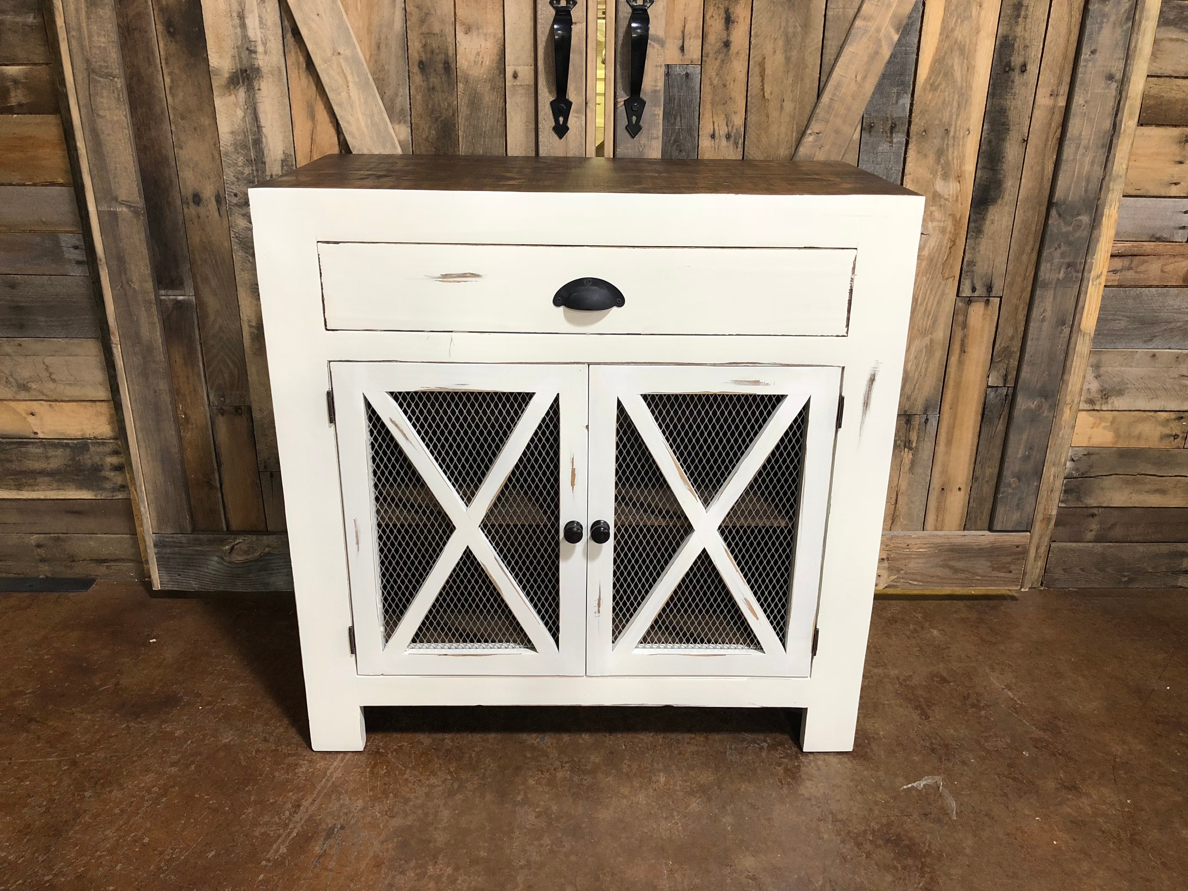 Mo Com141 Antique White 1 Drawer 2 Door With Chicken Mesh Cabinet