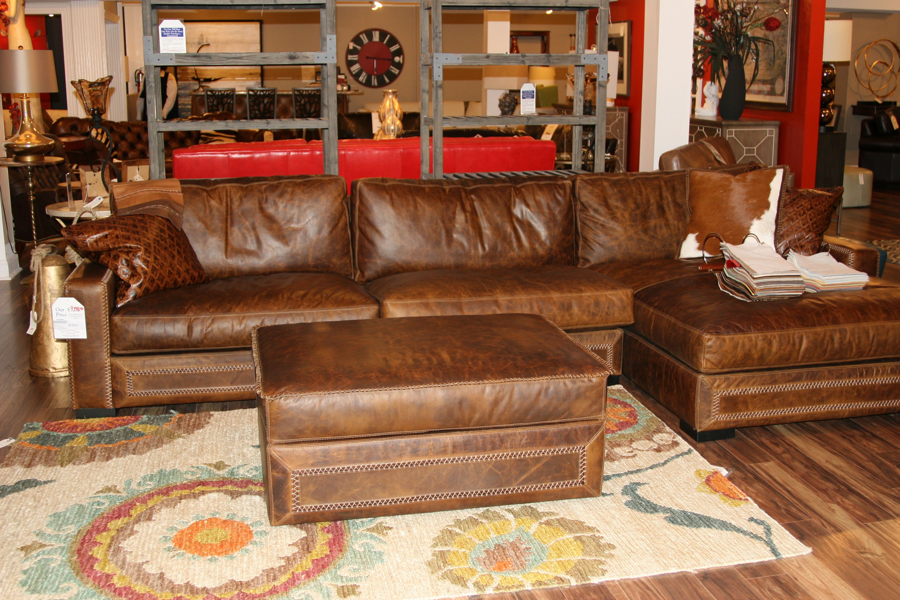 Leather sectional online with ottoman