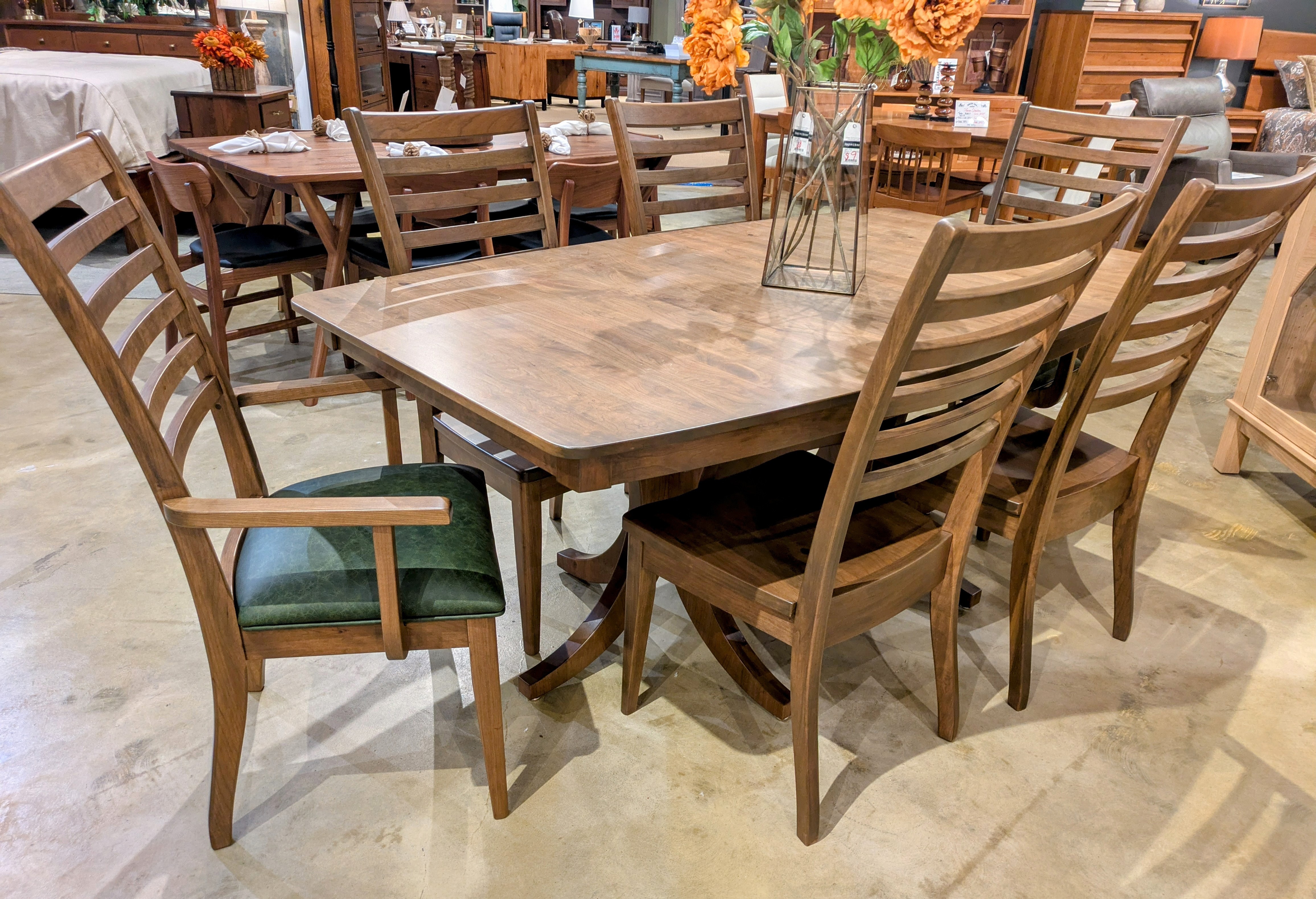 Amish Oak & Cherry Clearance Center Dining Table with Chairs with Leather Seats Emerson Collection