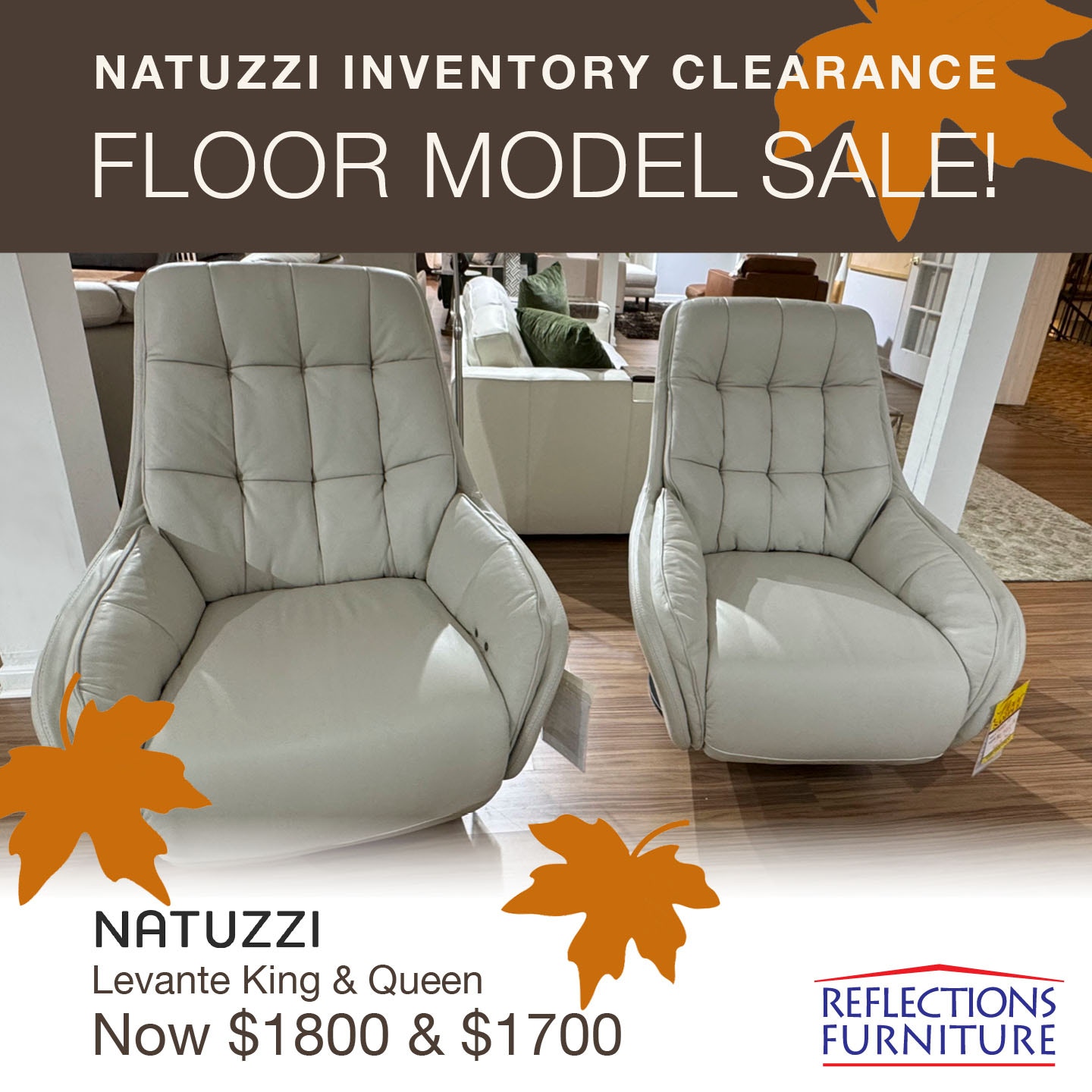Reflections Furniture Outlet King and Queen Leather Chairs by Natuzzi Levante