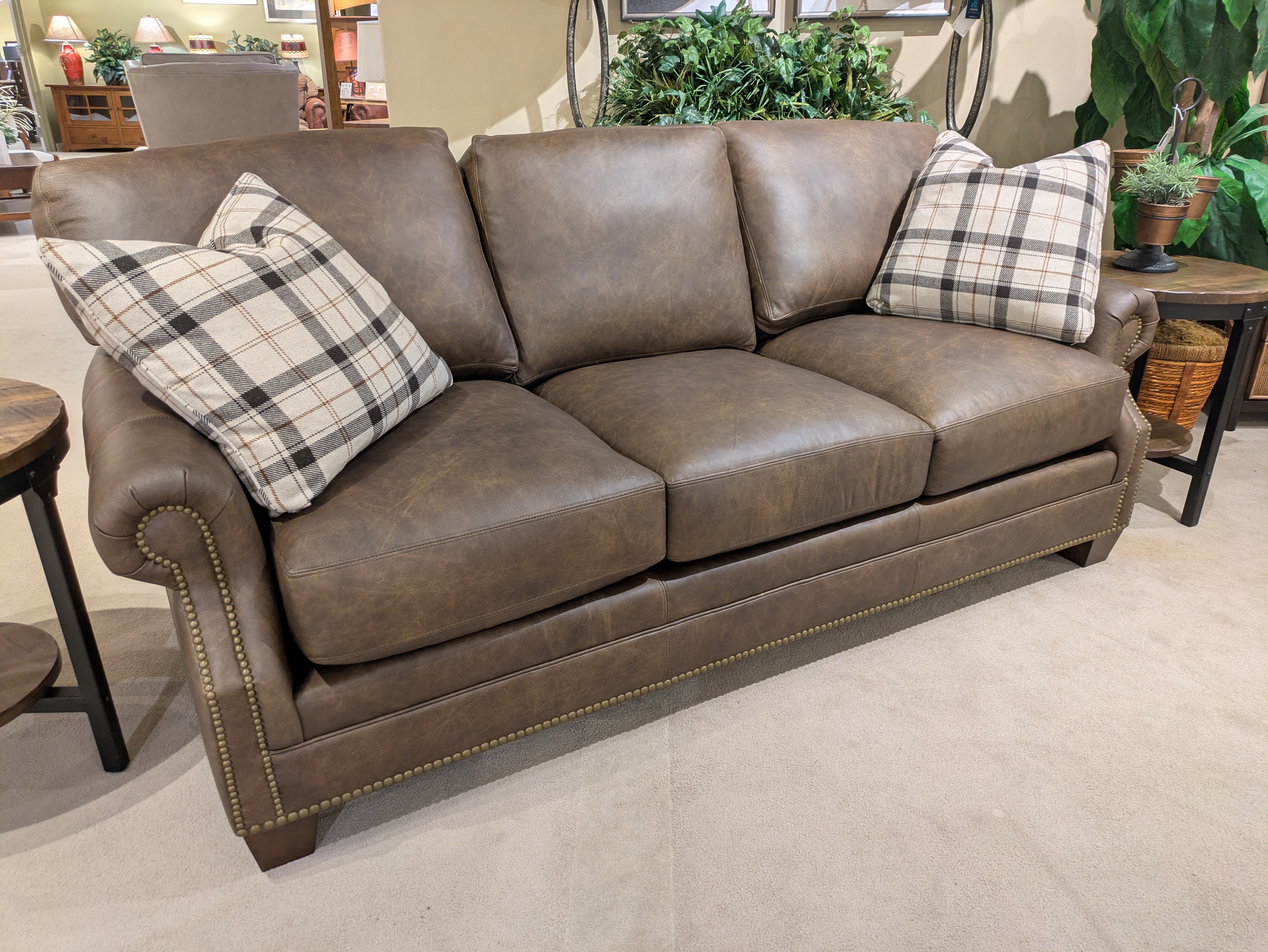 Amish Oak & Cherry Clearance Center Leather Sofa by King Hickory Jordan-S