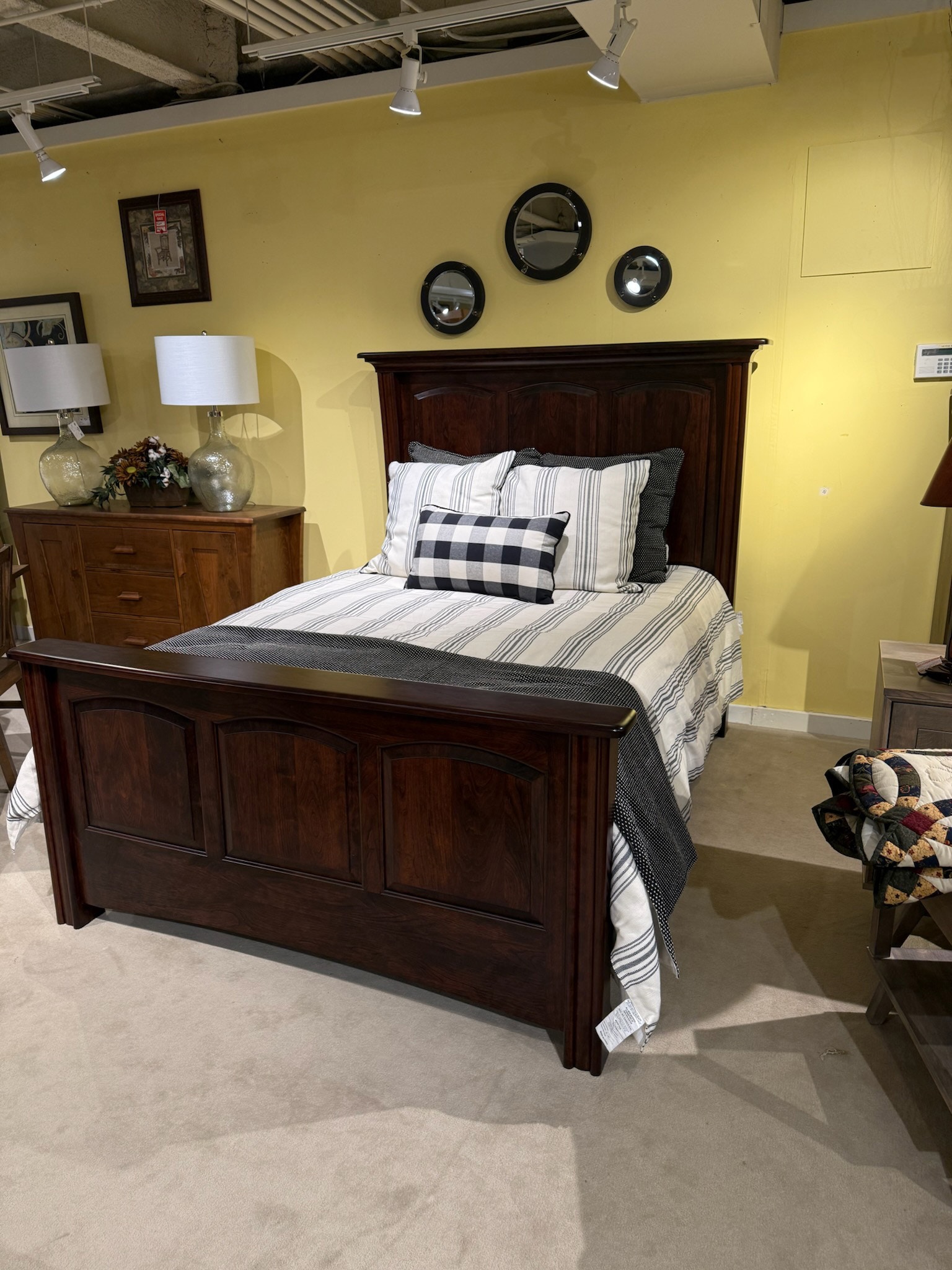 Amish Oak & Cherry Clearance Center Queen Bed in Rustic Cherry and Custom Stain Master-Q