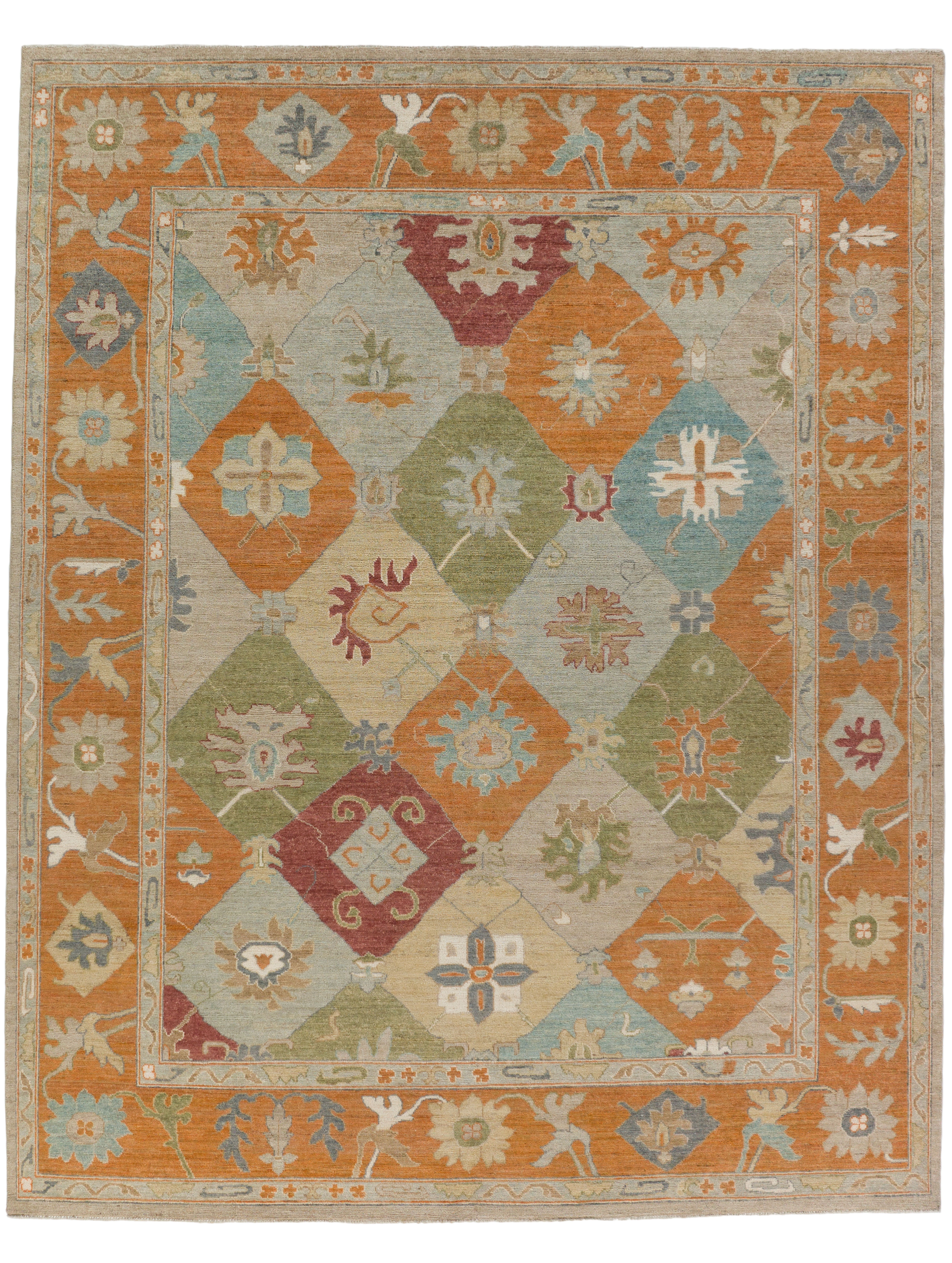 Roya Rugs One of a Kind Sage Green and Orange Oriental Wool Rug