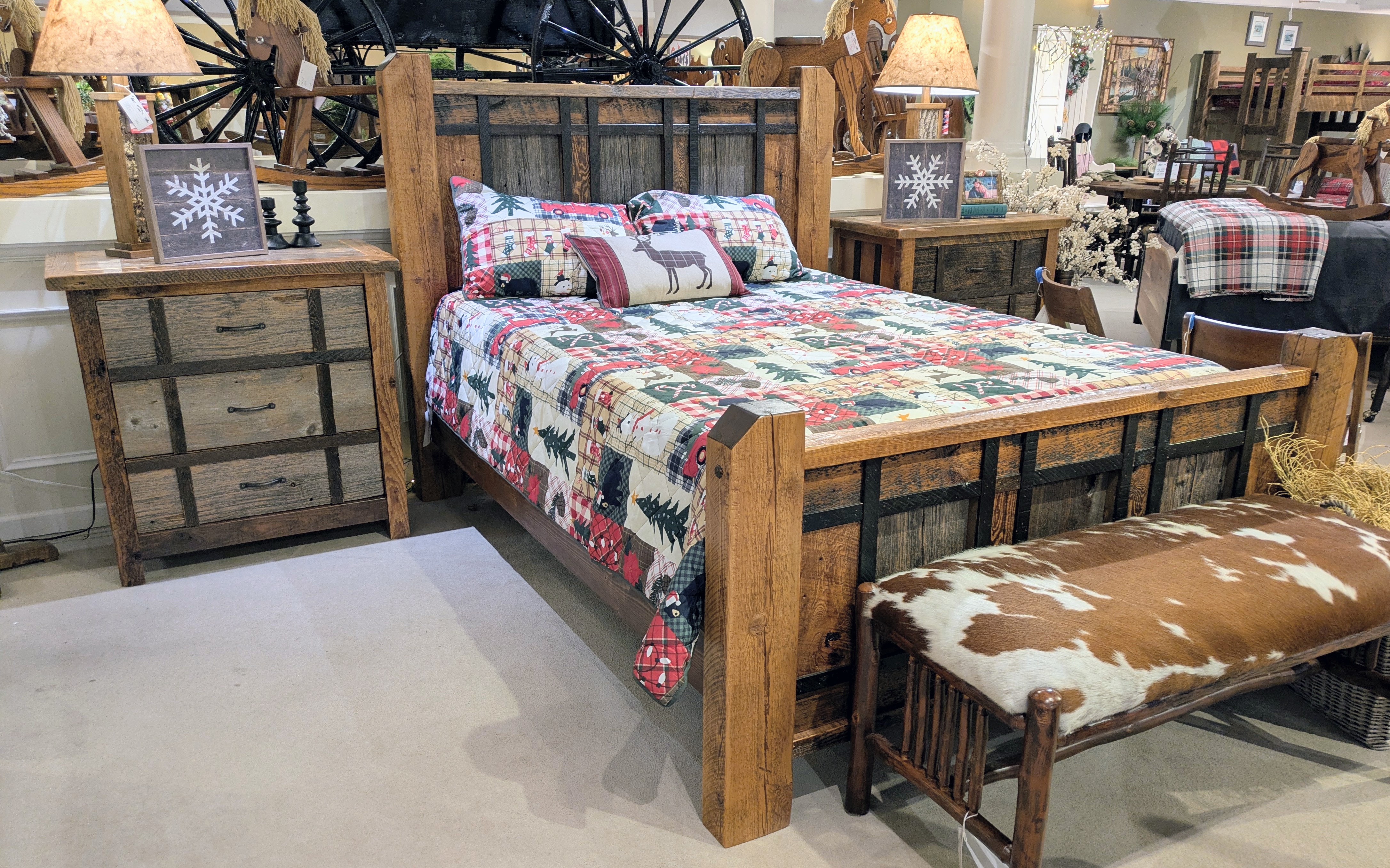 Amish Oak & Cherry Clearance Center Queen Bed and Nightstands in Reclaimed Barnwood Rustic Heritage
