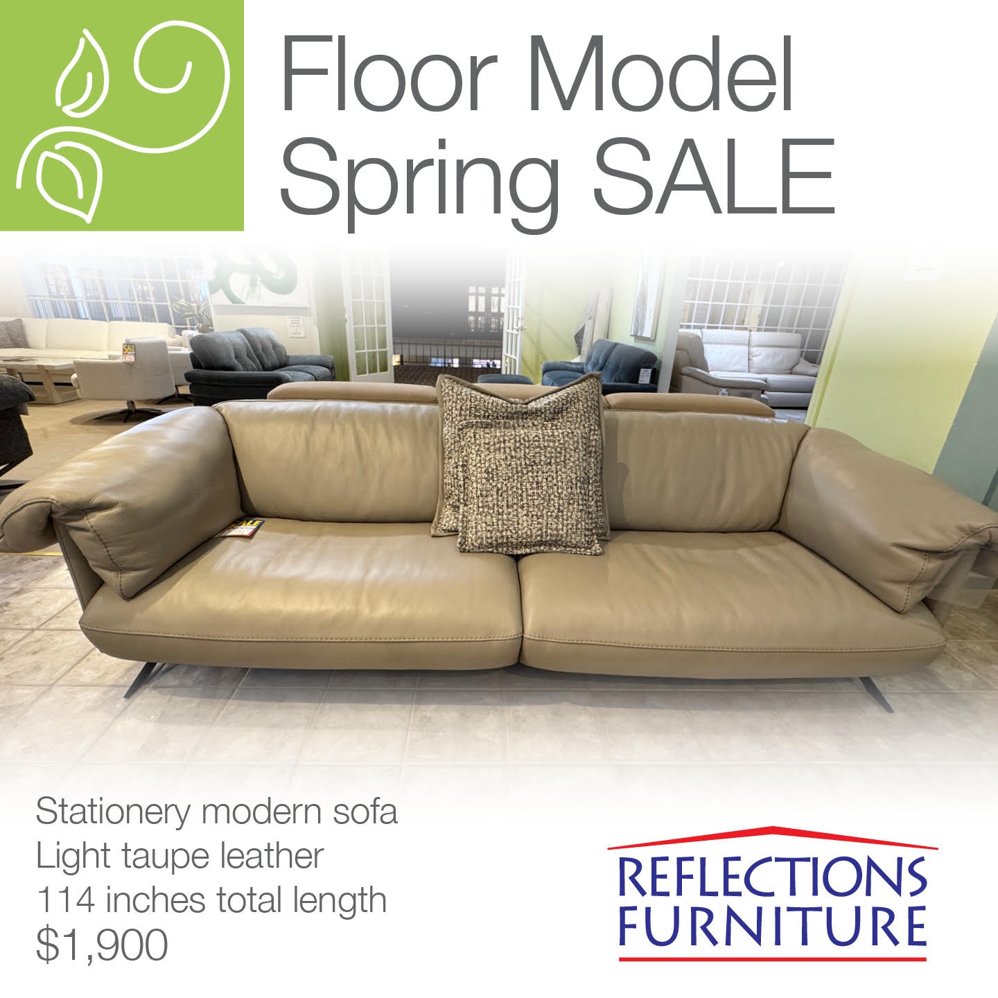 Reflections Furniture Outlet Leather Sofa in Light Taupe by Incanto I906