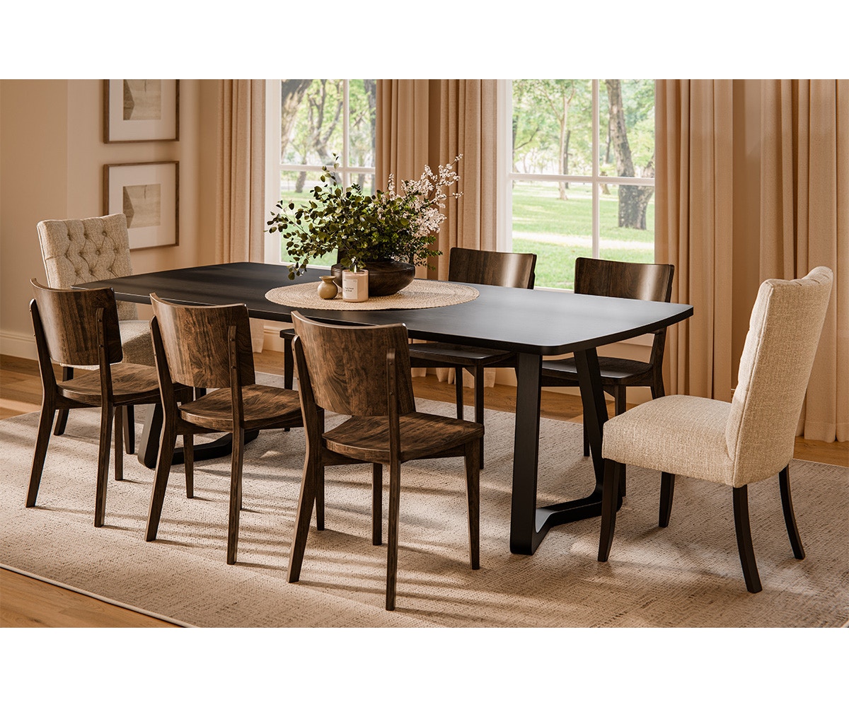Amish Oak & Cherry Woodside Woodworks Dining Room Group in Muted Black Sap Cherry Vandalia Collection