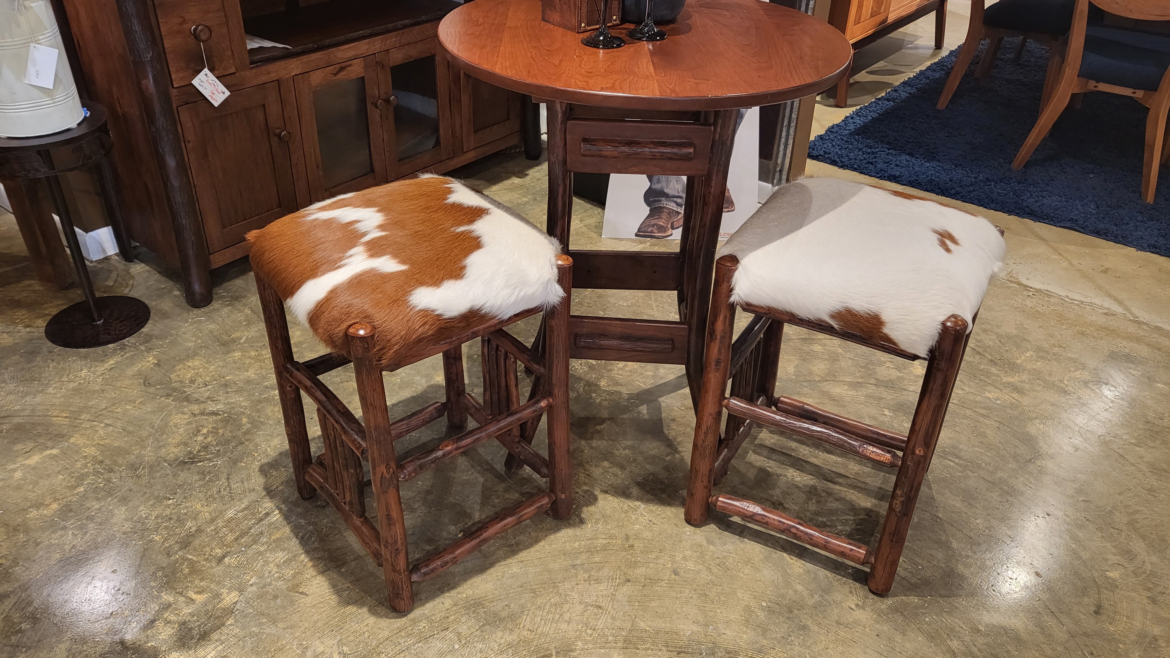 Amish Oak & Cherry Clearance Center Pub Table with Hide on Hide backless Stools Yellowstone