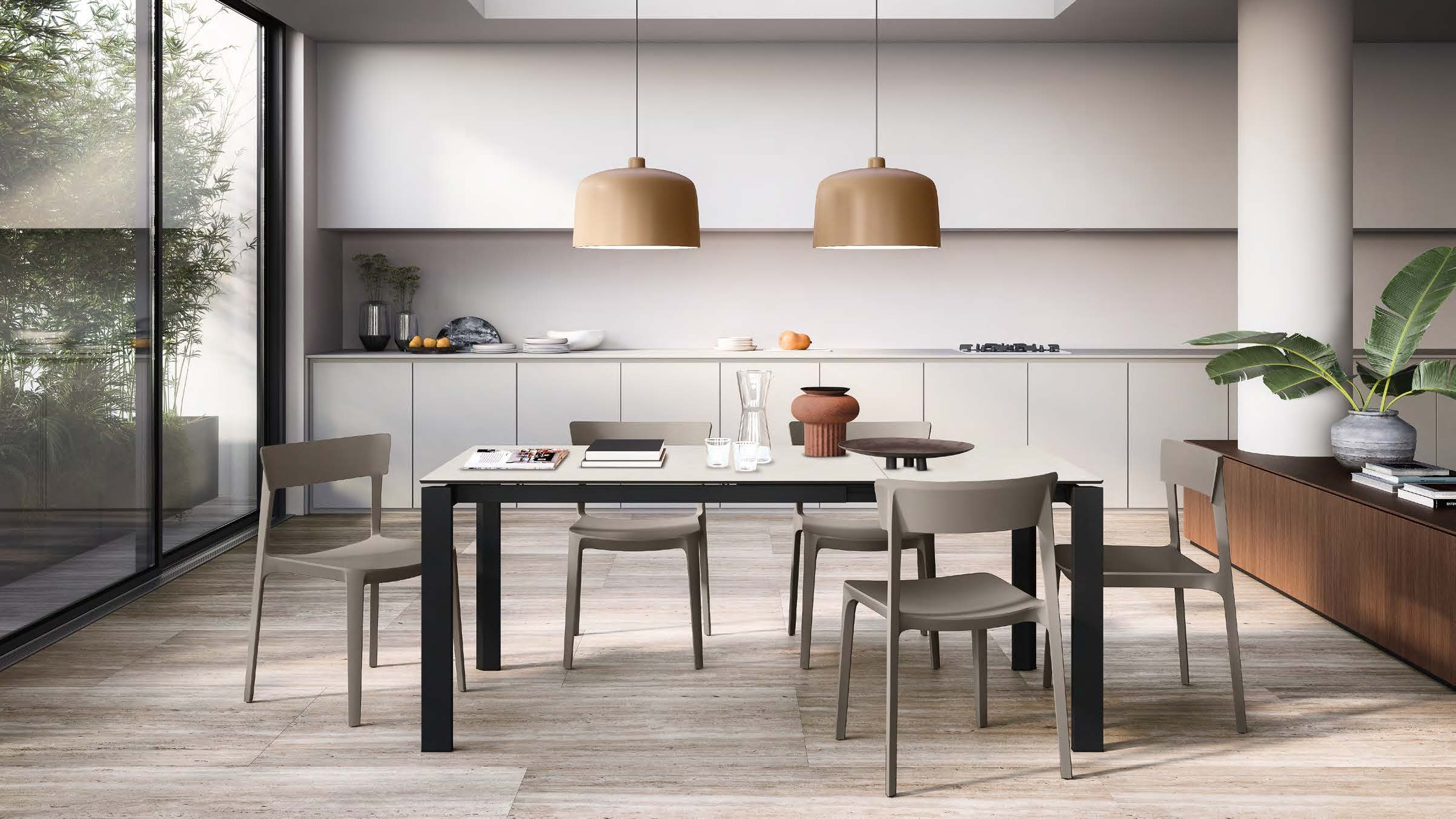 Calligaris Duca Rectangular Table Porcelain Top w/ Metal Legs. Porcelain Cement Top w/ Black Metal Legs. 33.5 wide by 51.25 to 75 long Duca CS4089-R 130