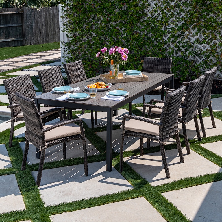 Living Room Contempo Dark Grey Aluminum And Husk Outdoor Wicker 9 Pc Dining Set With 83 X 41 In