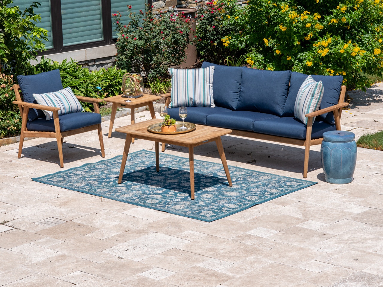 Outdoor Patio Bristol Natural Stain Solid Teak 3 Pc Indigo