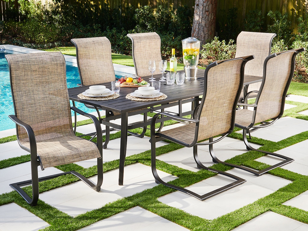 Living Room Cape Coral Java Aluminum And Desert Wicker Sling 7 Pc Dining Set With 84 X 42 In Slat