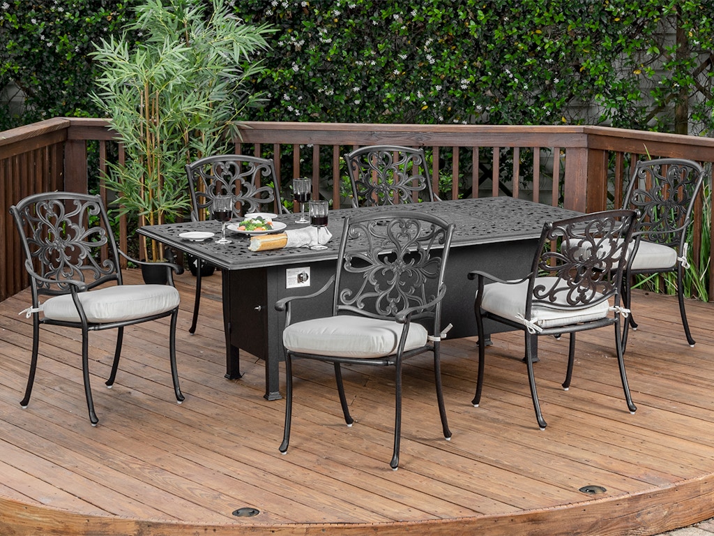 Living Room Carlisle Aged Bronze Cast Aluminum 7 Pc Dining Set With 84 X 44 Fire Pit Dining Table