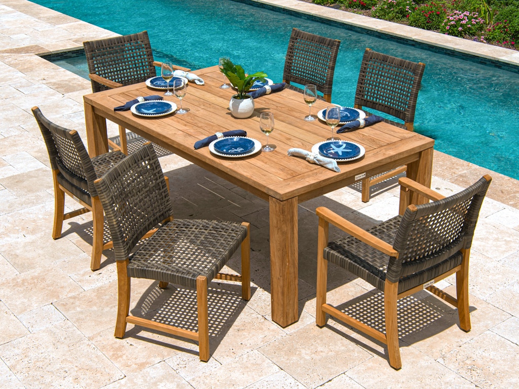 Living Room Hampton Driftwood Outdoor Wicker And Solid Teak 7 Pc Dining Set With 79 X 43 In